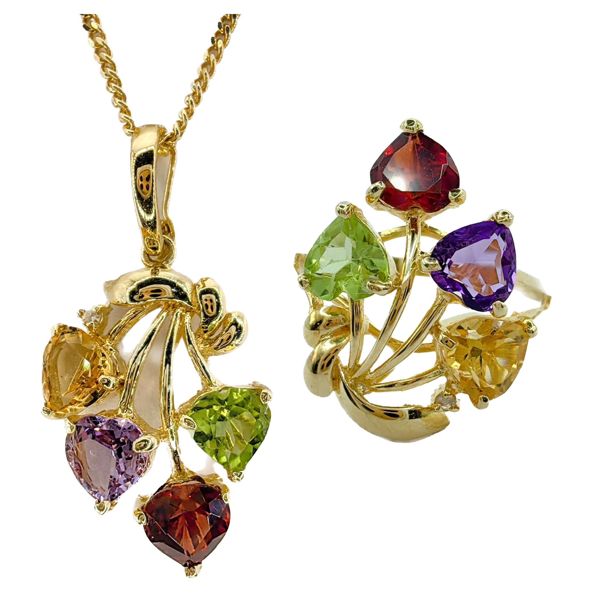 Heart-cut Amethyst Citrine Garnet Peridot 14k Gold Ring & Necklace Pendant Set For Sale
