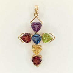 Vintage Heart Cut Mixed Stones Cross Necklace Pendant in 14K Yellow Gold