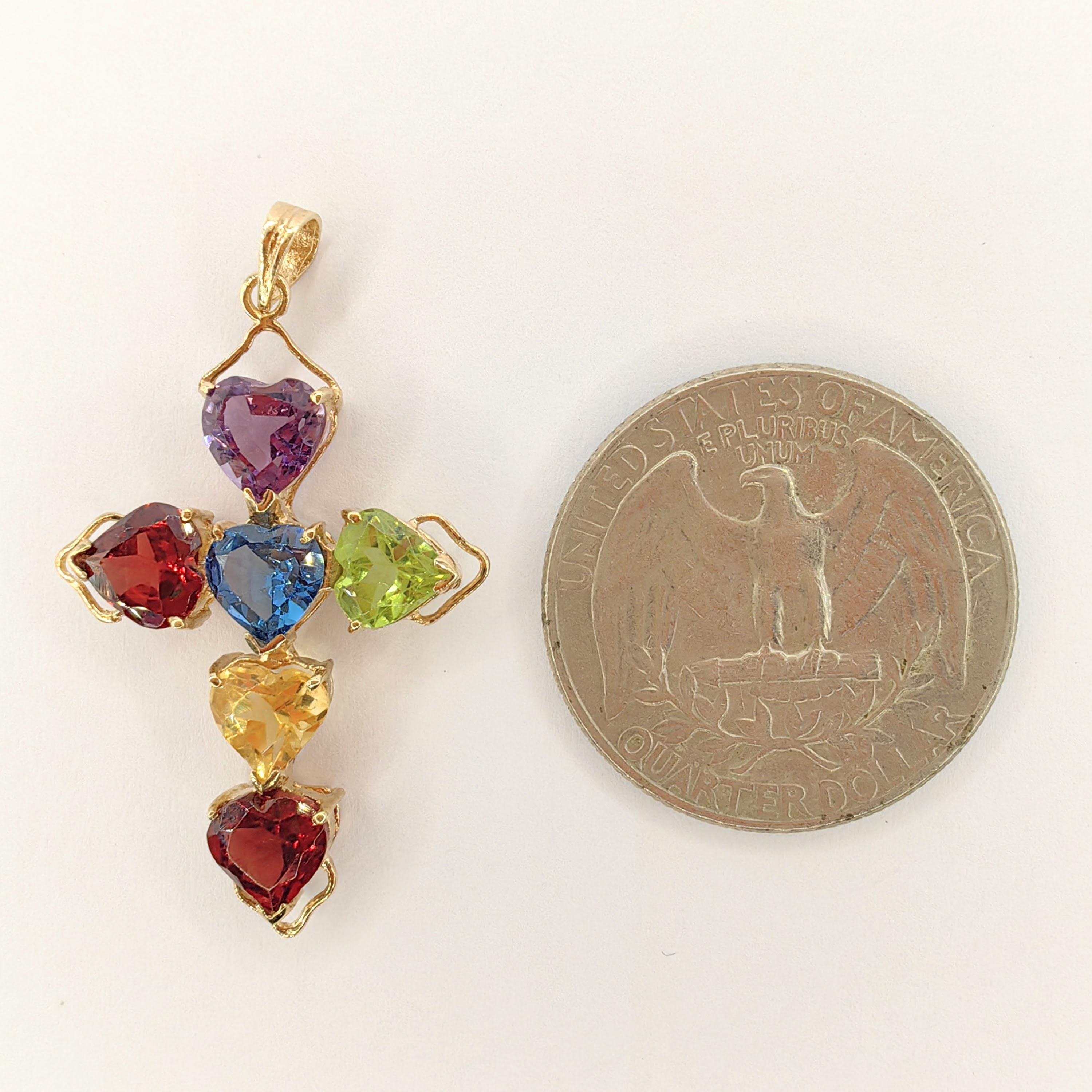 Contemporary Vintage Heart Cut Mixed Stones Cross Necklace Pendant in 14K Yellow Gold For Sale
