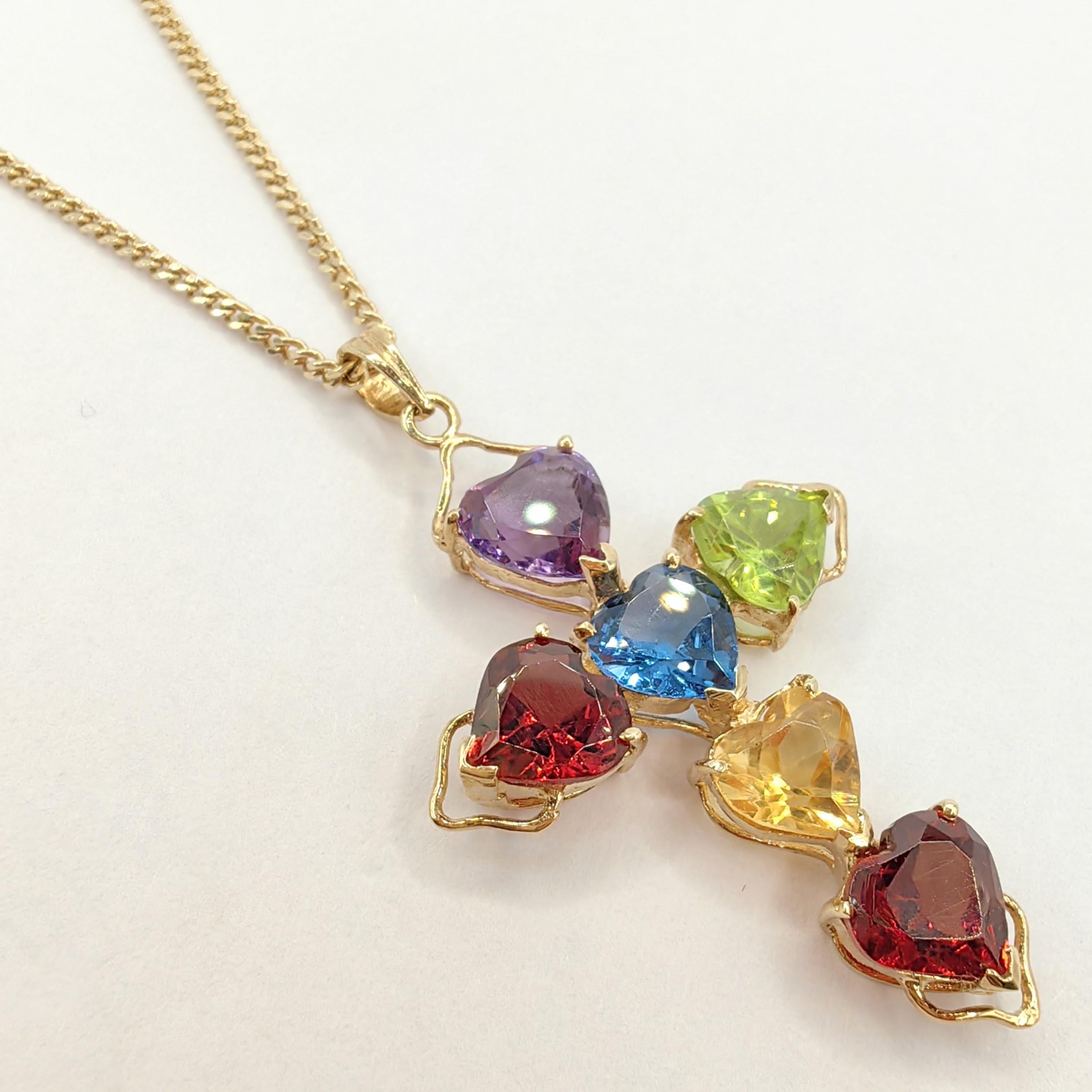 Vintage Heart Cut Mixed Stones Cross Necklace Pendant in 14K Yellow Gold In New Condition For Sale In Wan Chai District, HK