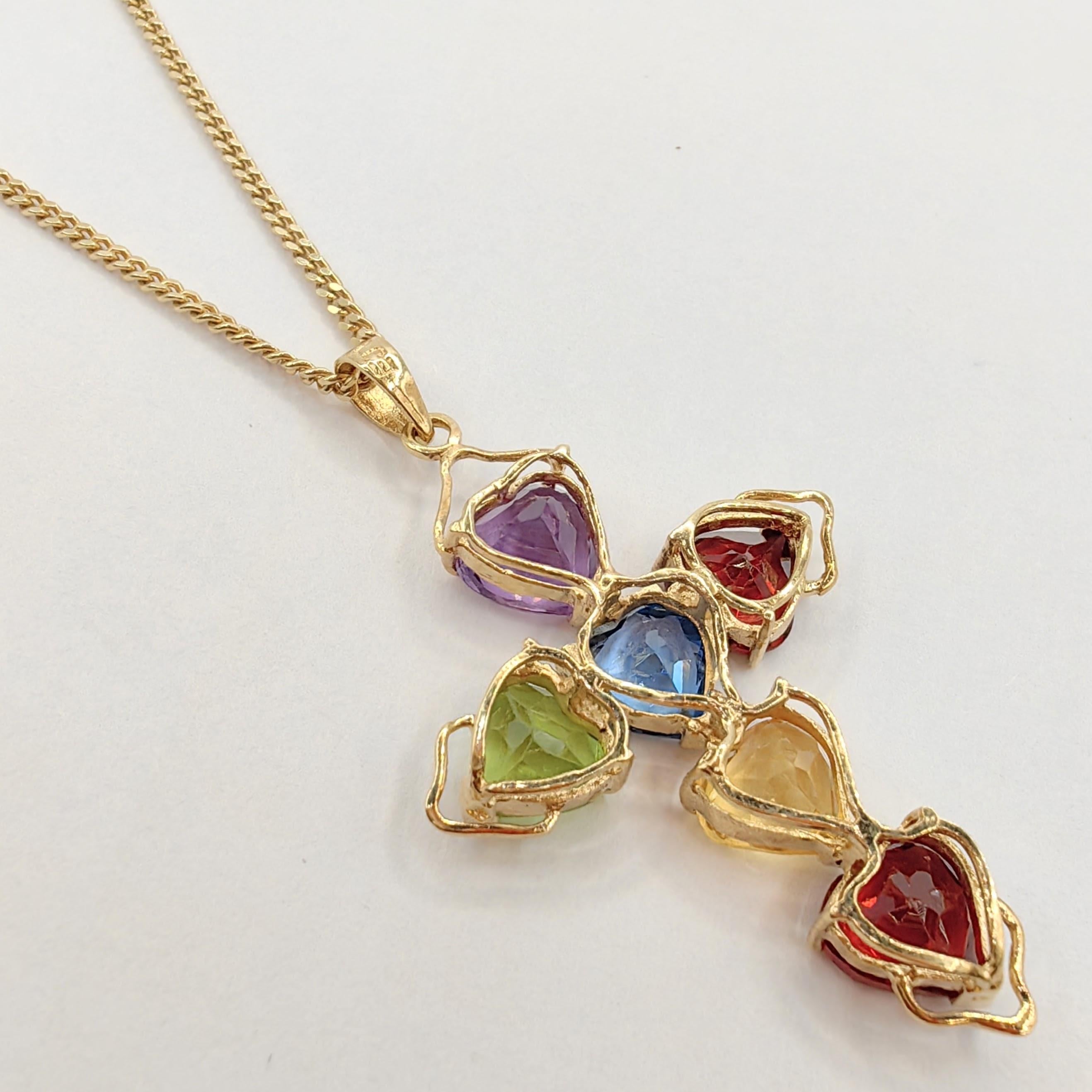 Women's Vintage Heart Cut Mixed Stones Cross Necklace Pendant in 14K Yellow Gold For Sale