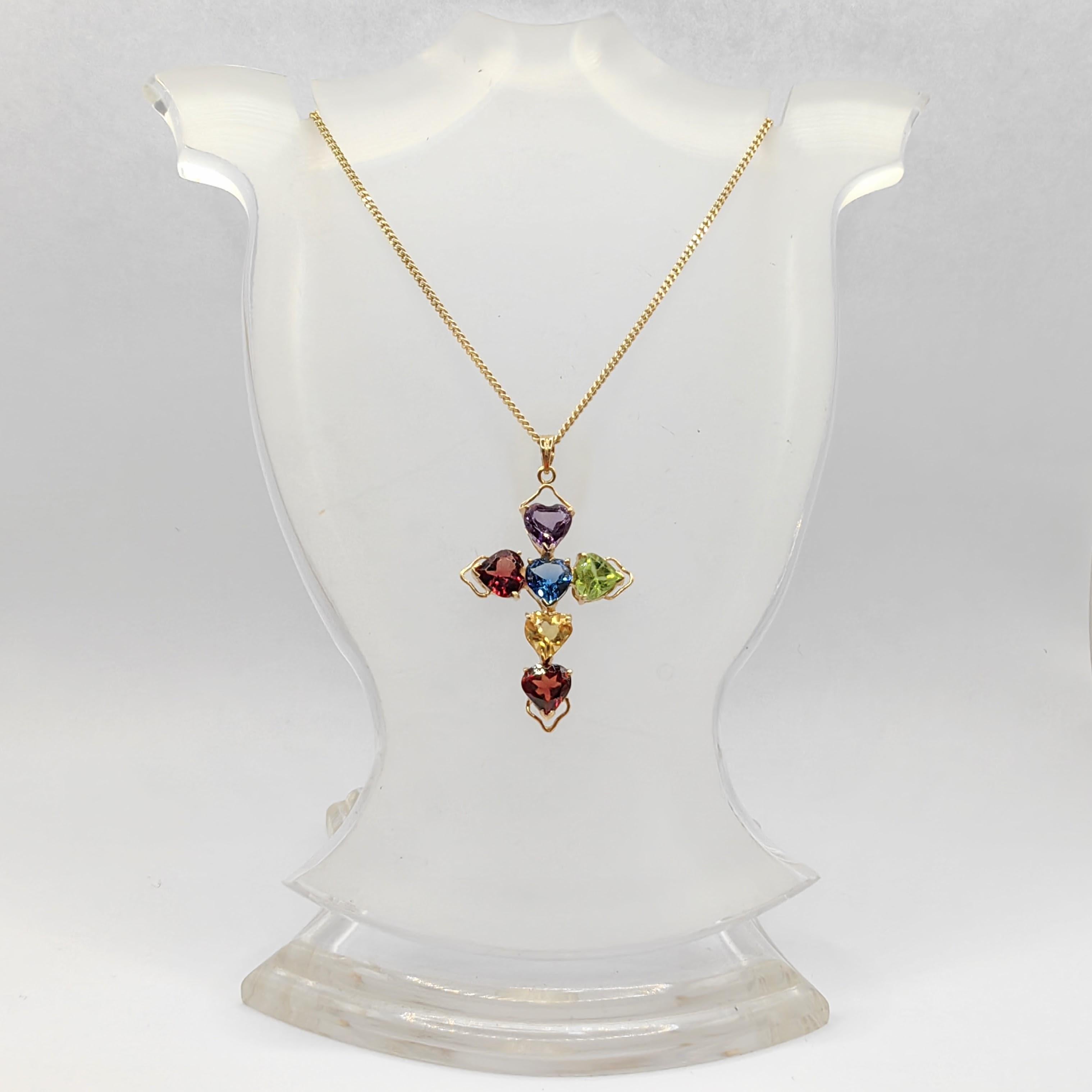 Vintage Heart Cut Mixed Stones Cross Necklace Pendant in 14K Yellow Gold For Sale 1