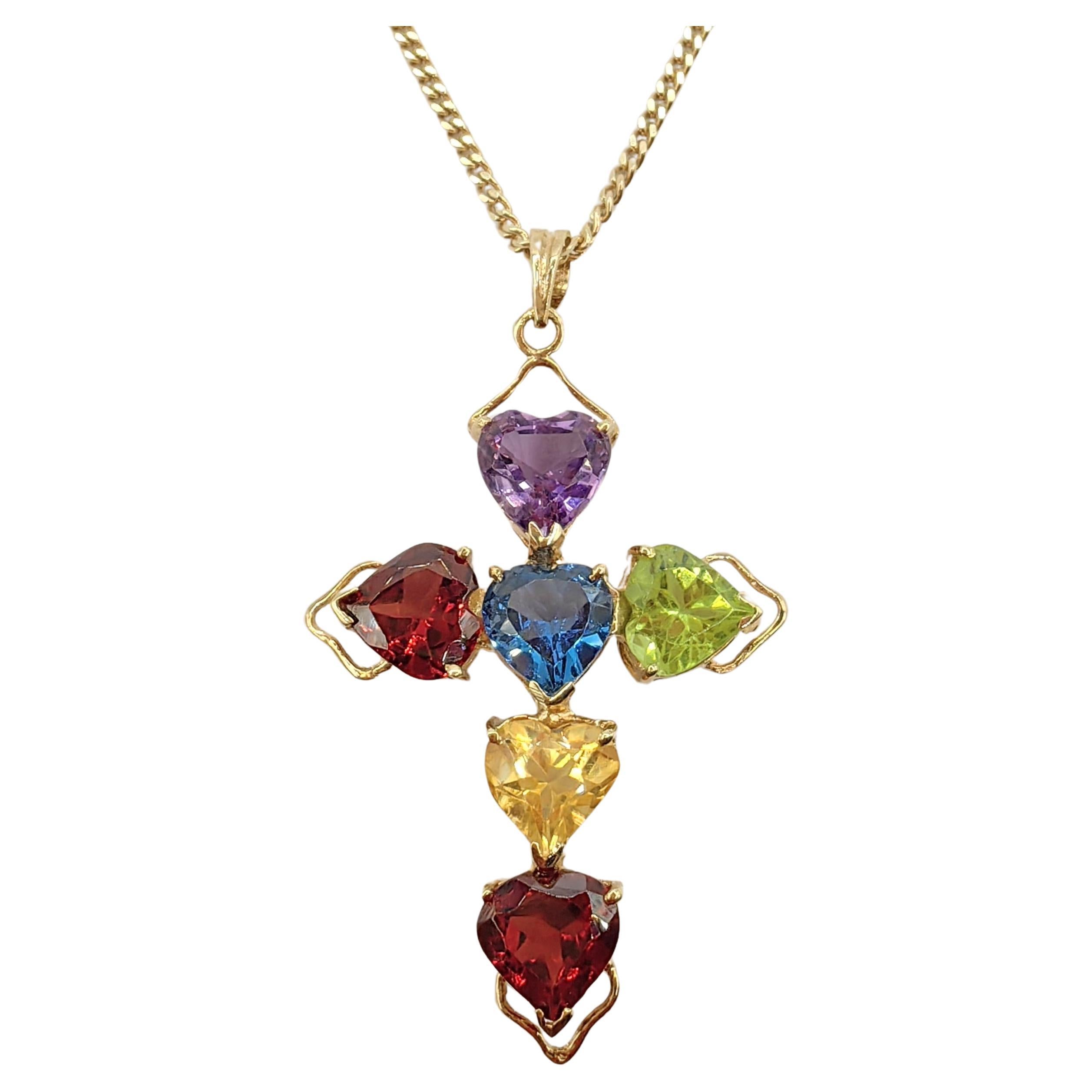 Vintage Heart Cut Mixed Stones Cross Necklace Pendant in 14K Yellow Gold