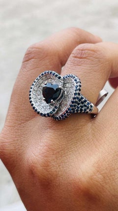Heart Cut Blue Sapphire Diamond Cocktail Wedding Ring in 14k Solid White Gold