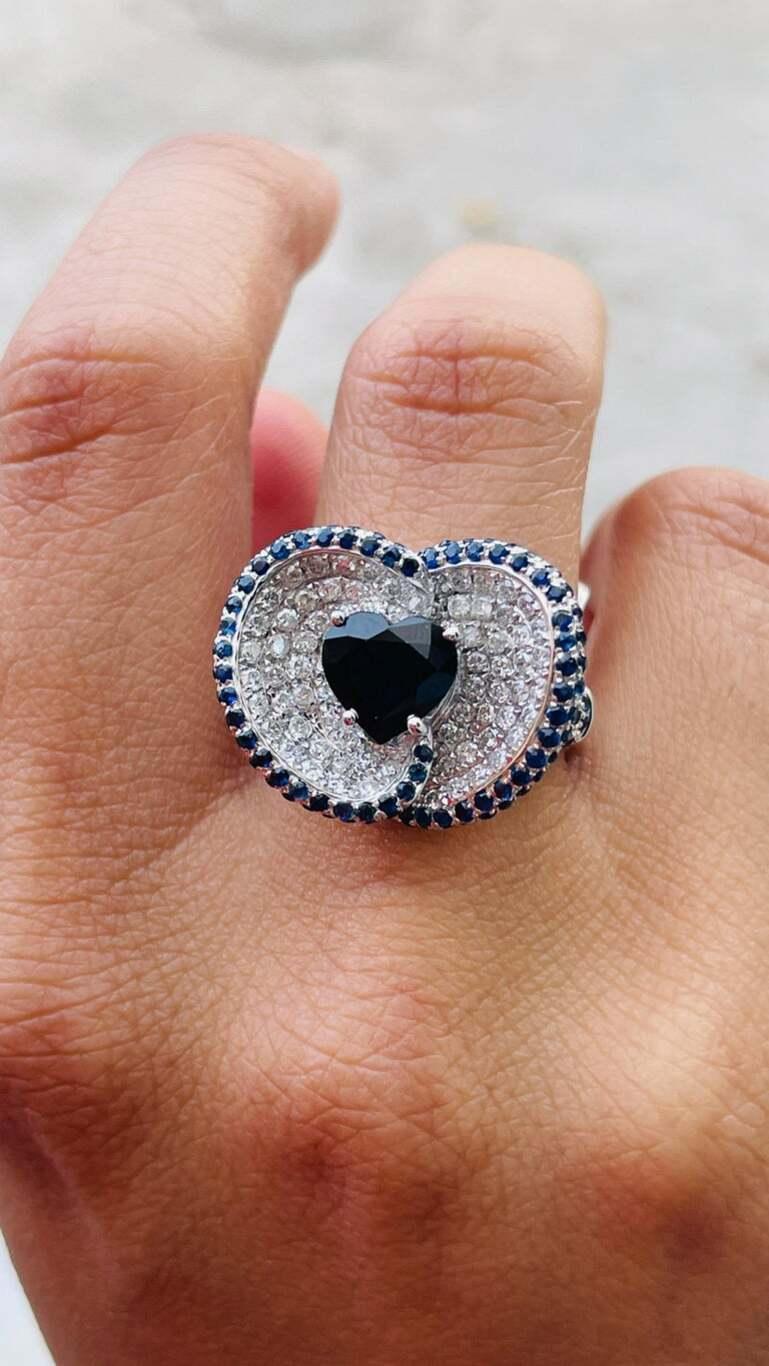 For Sale:  Heart Cut Blue Sapphire Diamond Cocktail Wedding Ring in 14k Solid White Gold 4