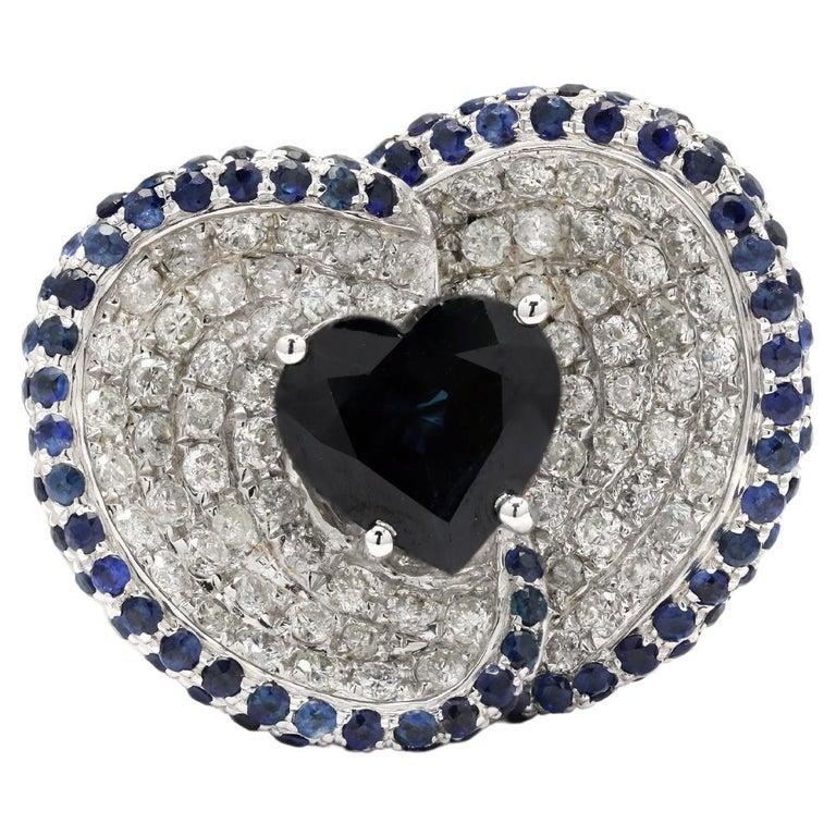 For Sale:  Heart Cut Blue Sapphire Diamond Cocktail Wedding Ring in 14k Solid White Gold 8