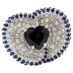 Anello nuziale da cocktail con diamante e zaffiro blu tagliato a cuore in oro bianco massiccio 14 carati