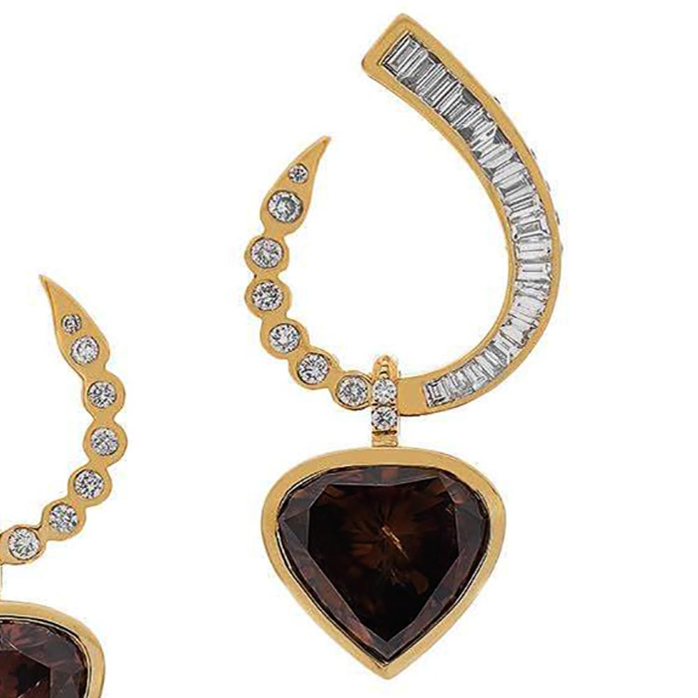 Contemporary Heart-Cut Brown Diamonds Set with White Diamonds Drop Earrings For Sale
