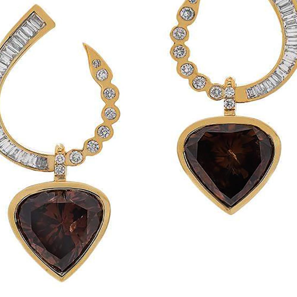 Heart Cut Heart-Cut Brown Diamonds Set with White Diamonds Drop Earrings For Sale