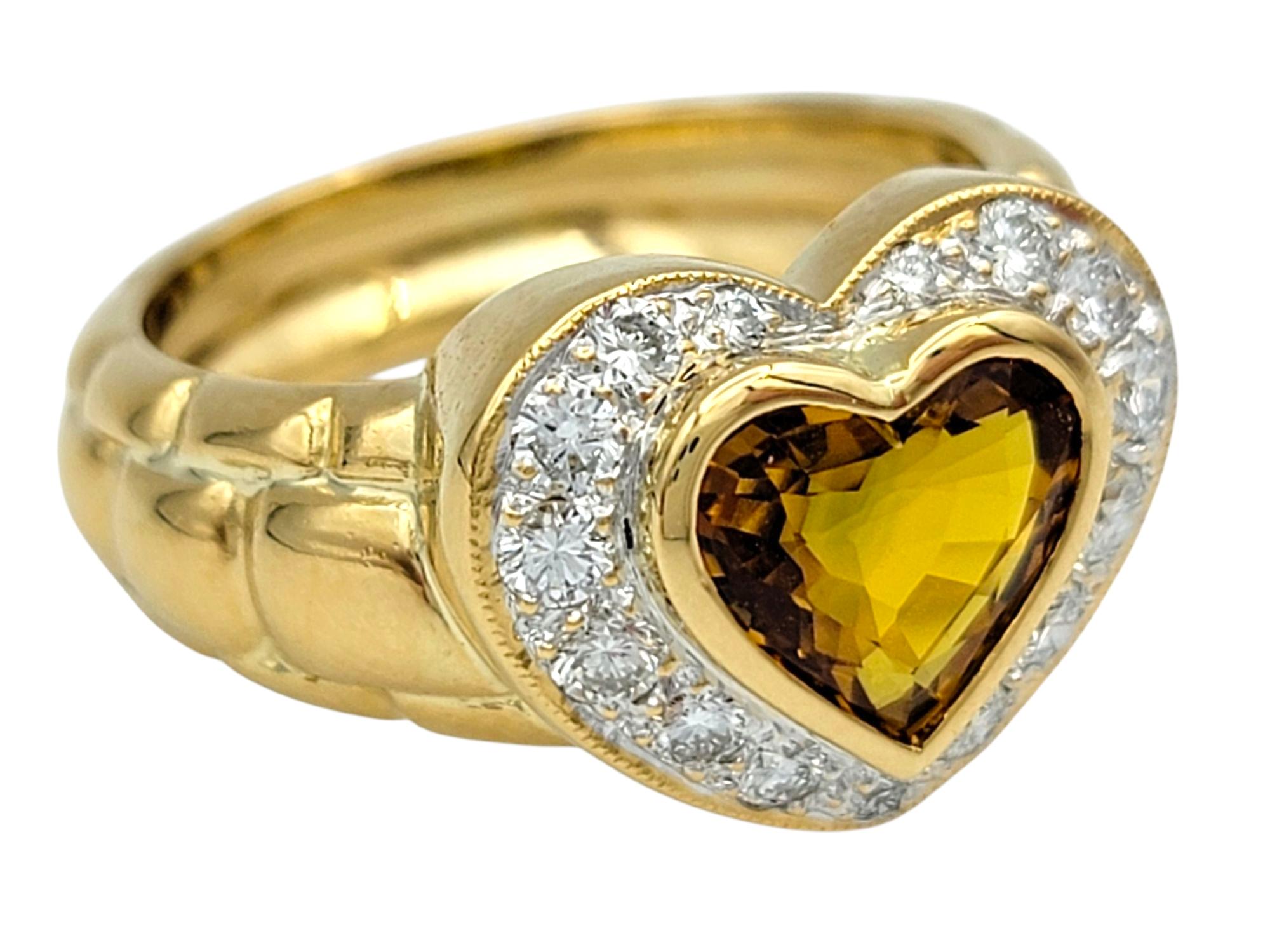 Contemporary Heart Cut Citrine and Pavé Diamond Halo Cocktail Ring in 20 Karat Yellow Gold For Sale