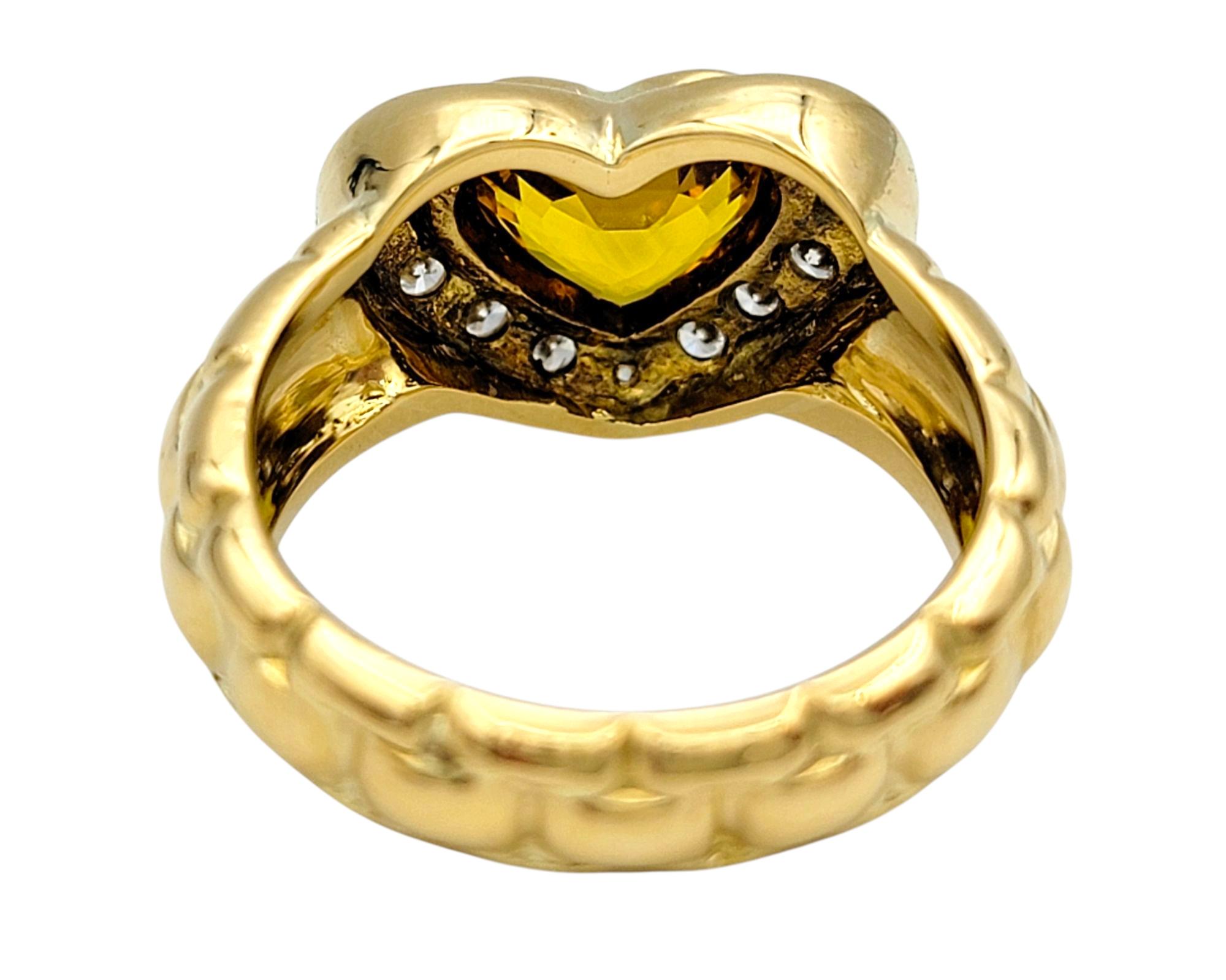 Women's Heart Cut Citrine and Pavé Diamond Halo Cocktail Ring in 20 Karat Yellow Gold For Sale