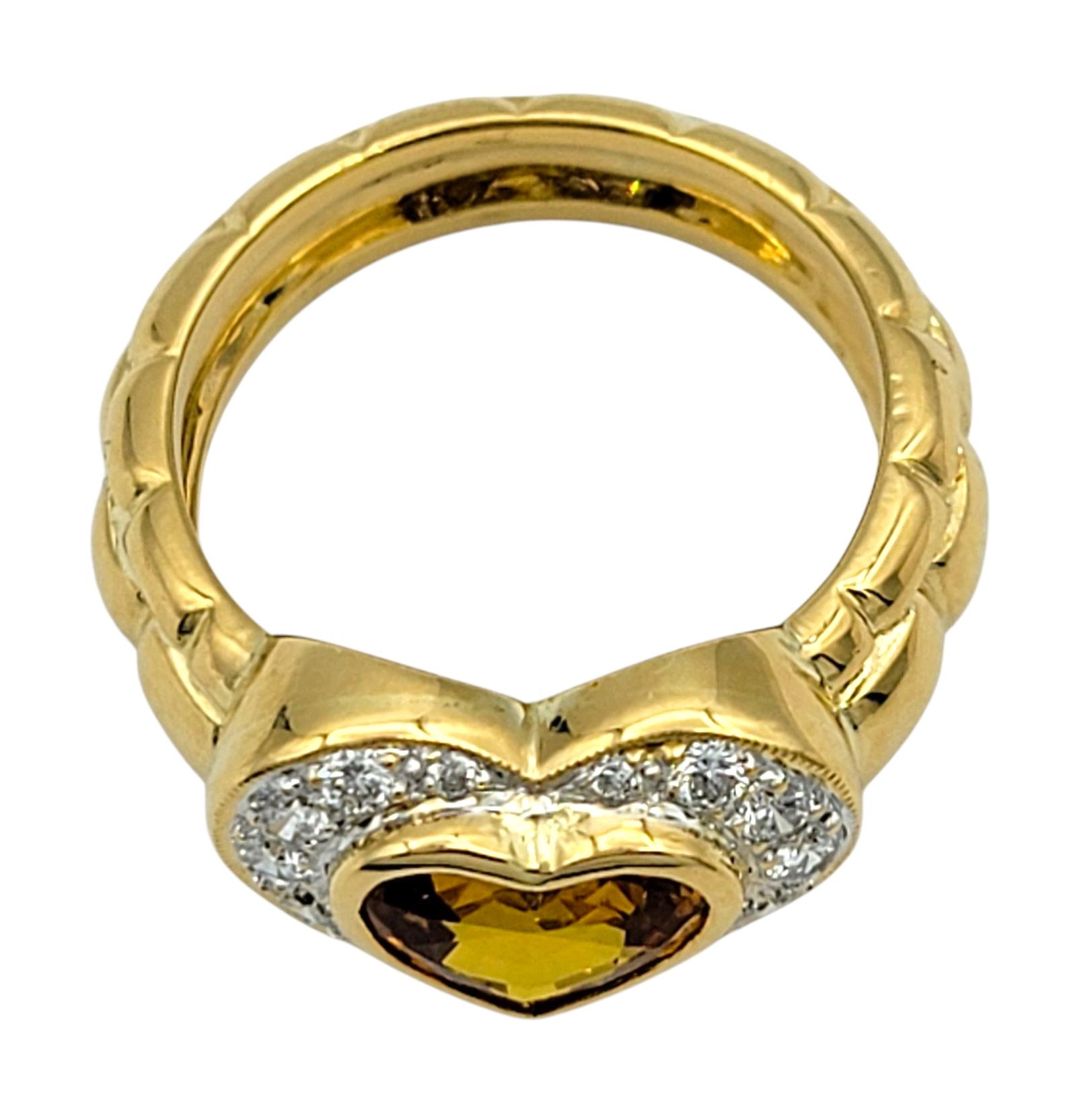 Heart Cut Citrine and Pavé Diamond Halo Cocktail Ring in 20 Karat Yellow Gold For Sale 1