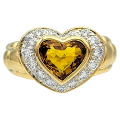 Heart Cut Citrine and Pavé Diamond Halo Cocktail Ring in 20 Karat Yellow Gold