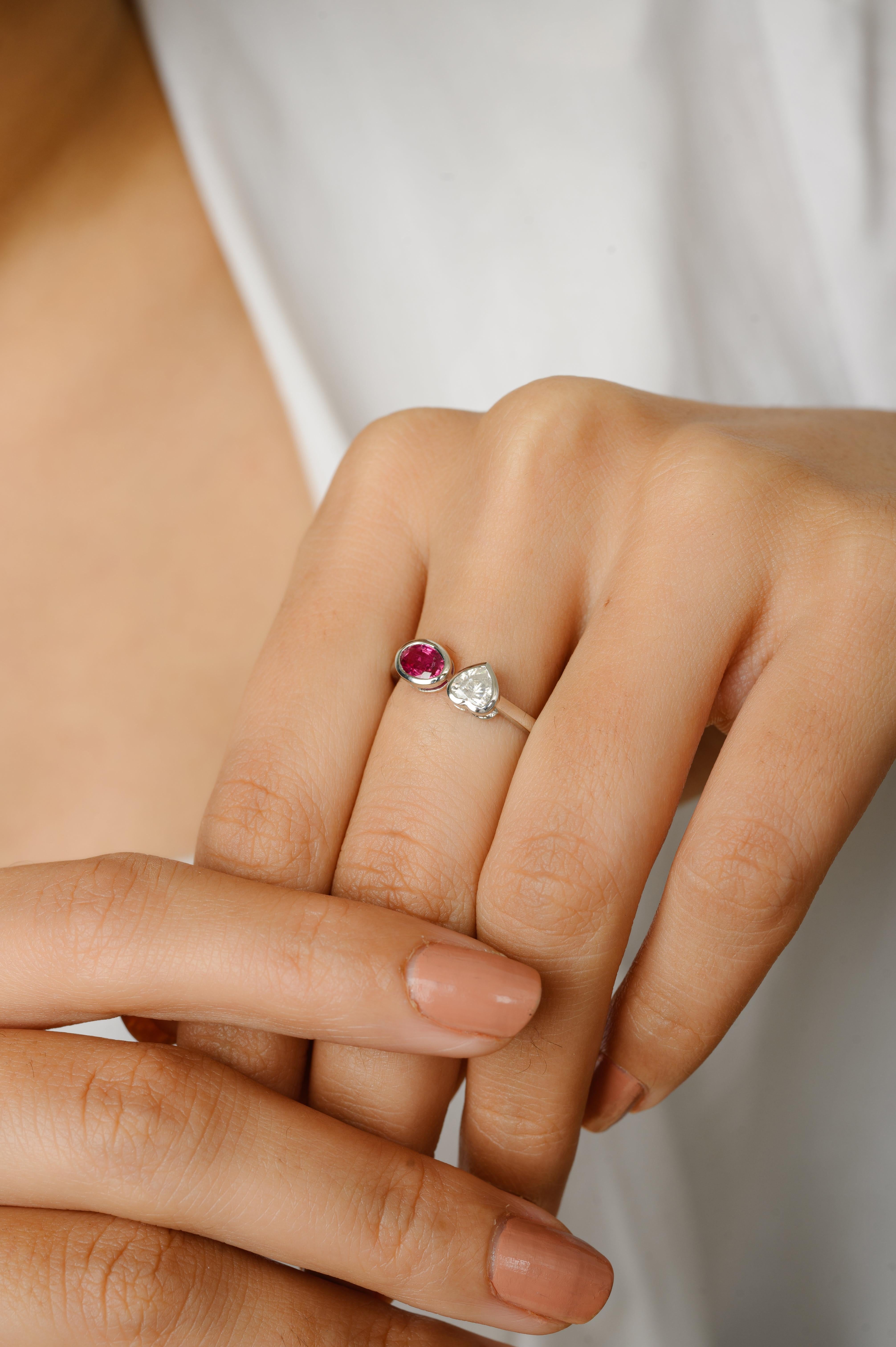 For Sale:  Diamond Heart and Ruby Toi et Moi Two Stone Ring in 18k White Gold Settings 6