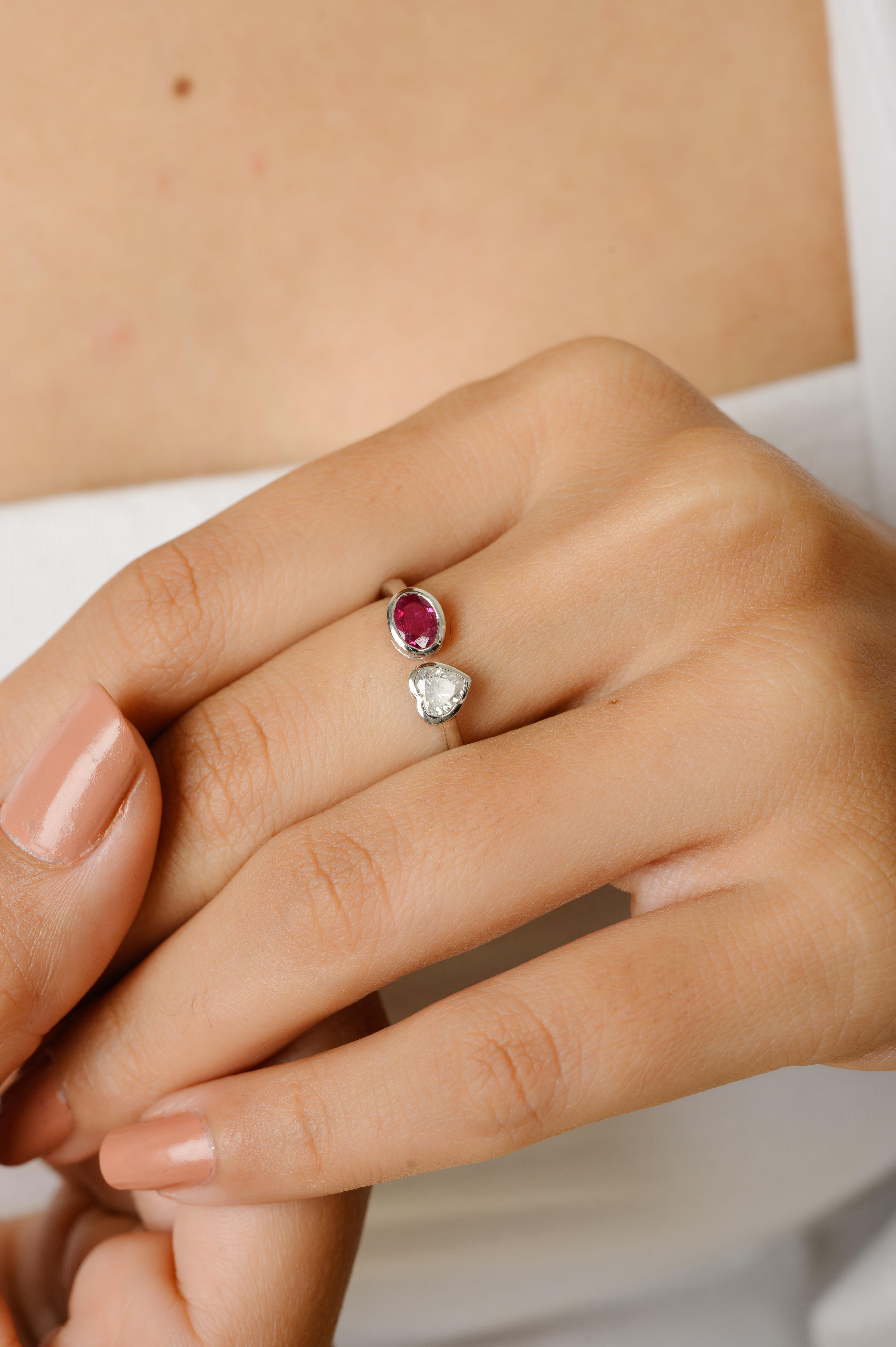For Sale:  Diamond Heart and Ruby Toi et Moi Two Stone Ring in 18k White Gold Settings 2
