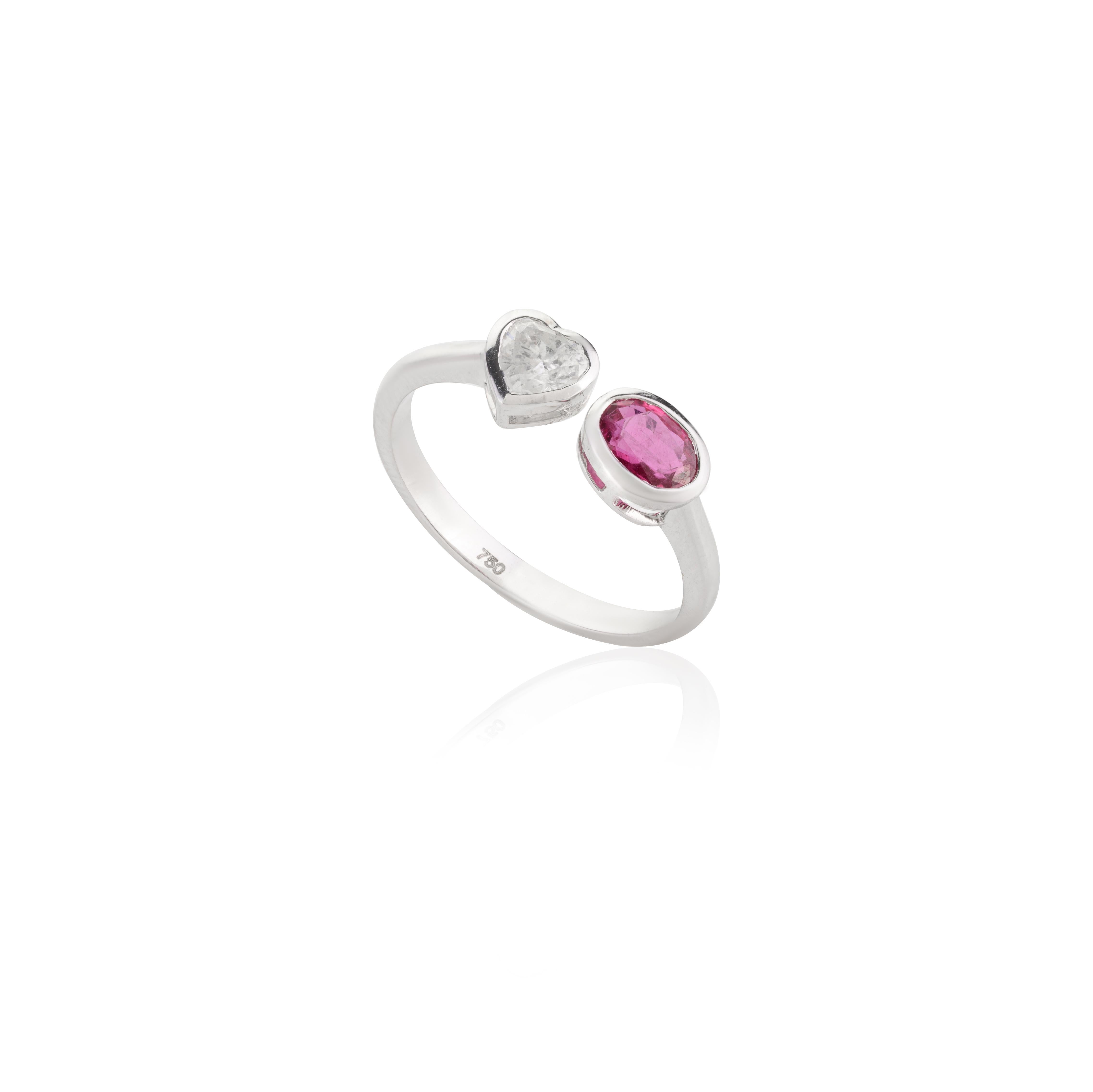 For Sale:  Diamond Heart and Ruby Toi et Moi Two Stone Ring in 18k White Gold Settings 9