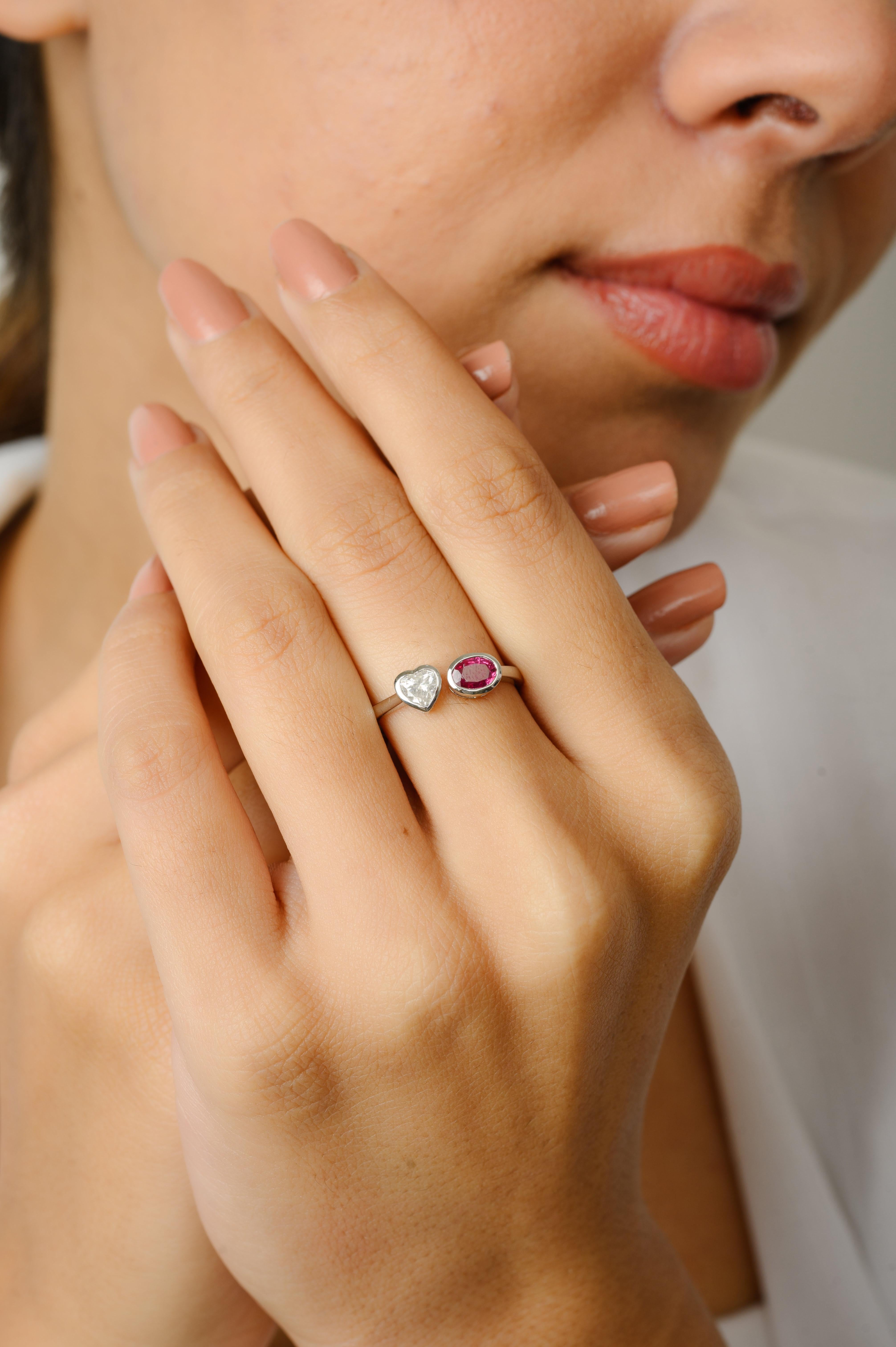 For Sale:  Diamond Heart and Ruby Toi et Moi Two Stone Ring in 18k White Gold Settings 4