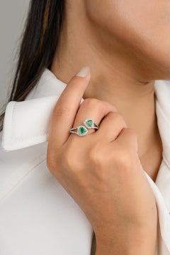 Heart Cut Emerald Diamond Halo By Pass Ring for Women in 18k Solid White Gold