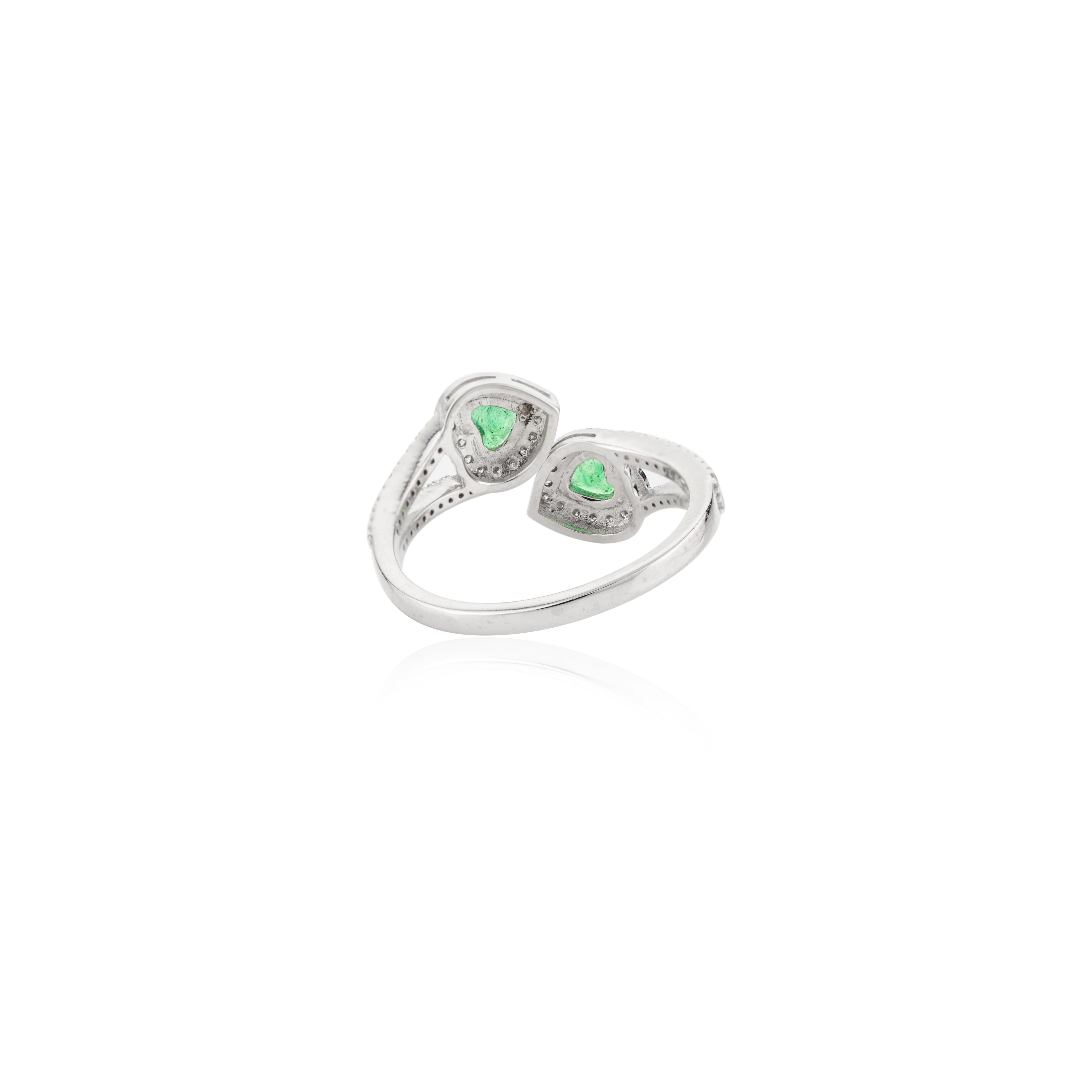 For Sale:  Heart Cut Emerald Diamond Halo By Pass Ring for Women in 18k Solid White Gold 3