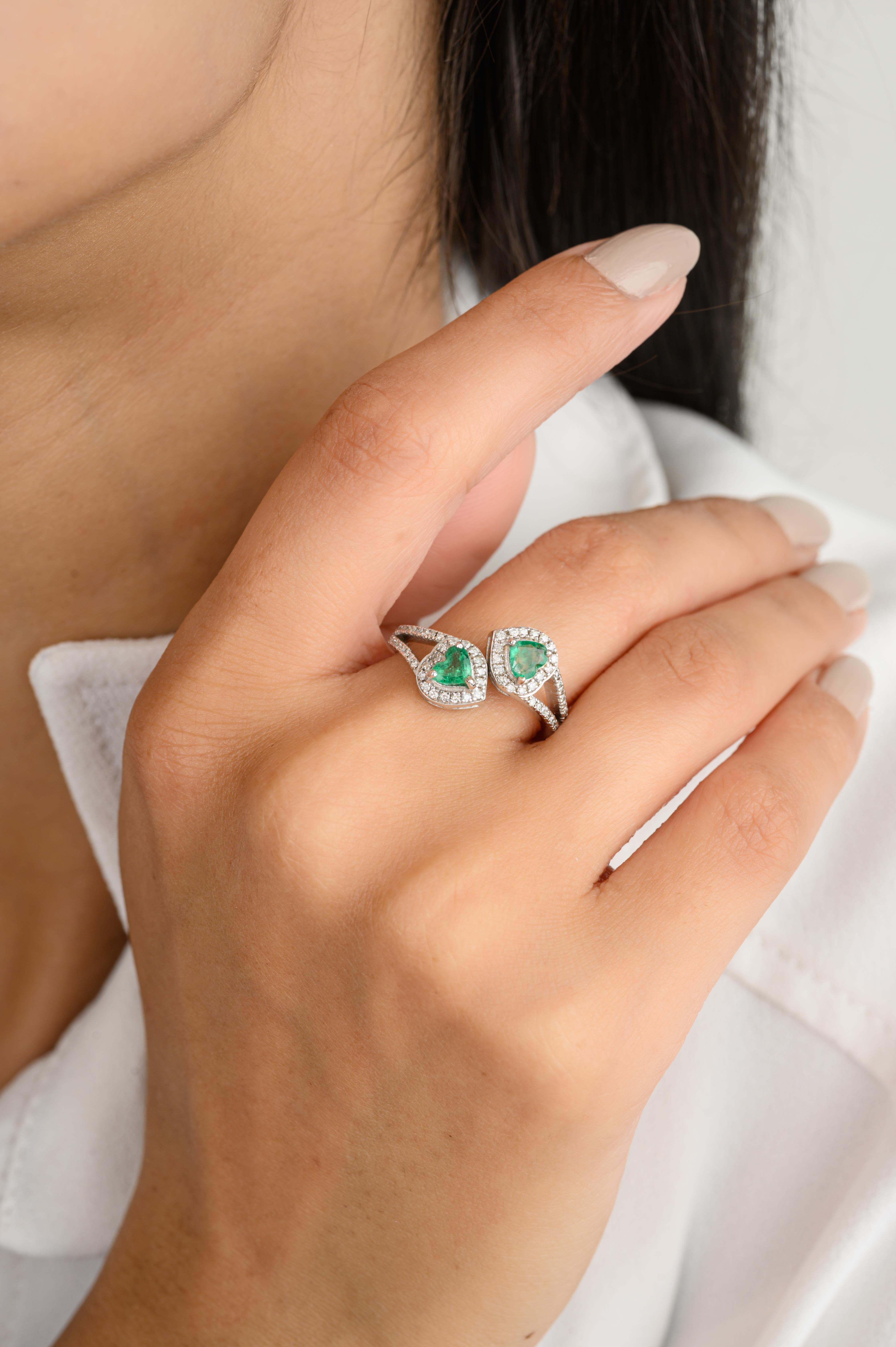 For Sale:  Heart Cut Emerald Diamond Halo By Pass Ring for Women in 18k Solid White Gold 4