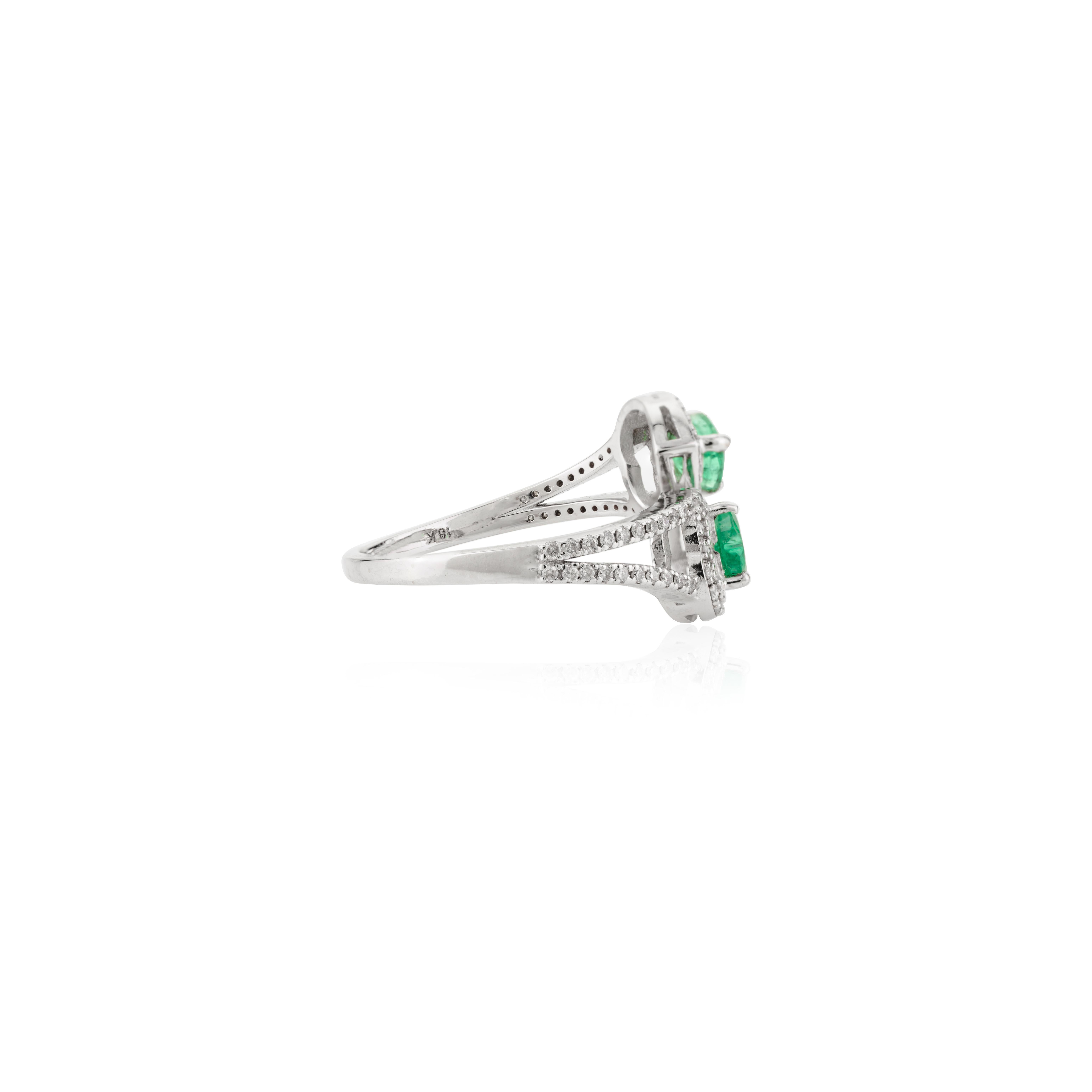 For Sale:  Heart Cut Emerald Diamond Halo By Pass Ring for Women in 18k Solid White Gold 5