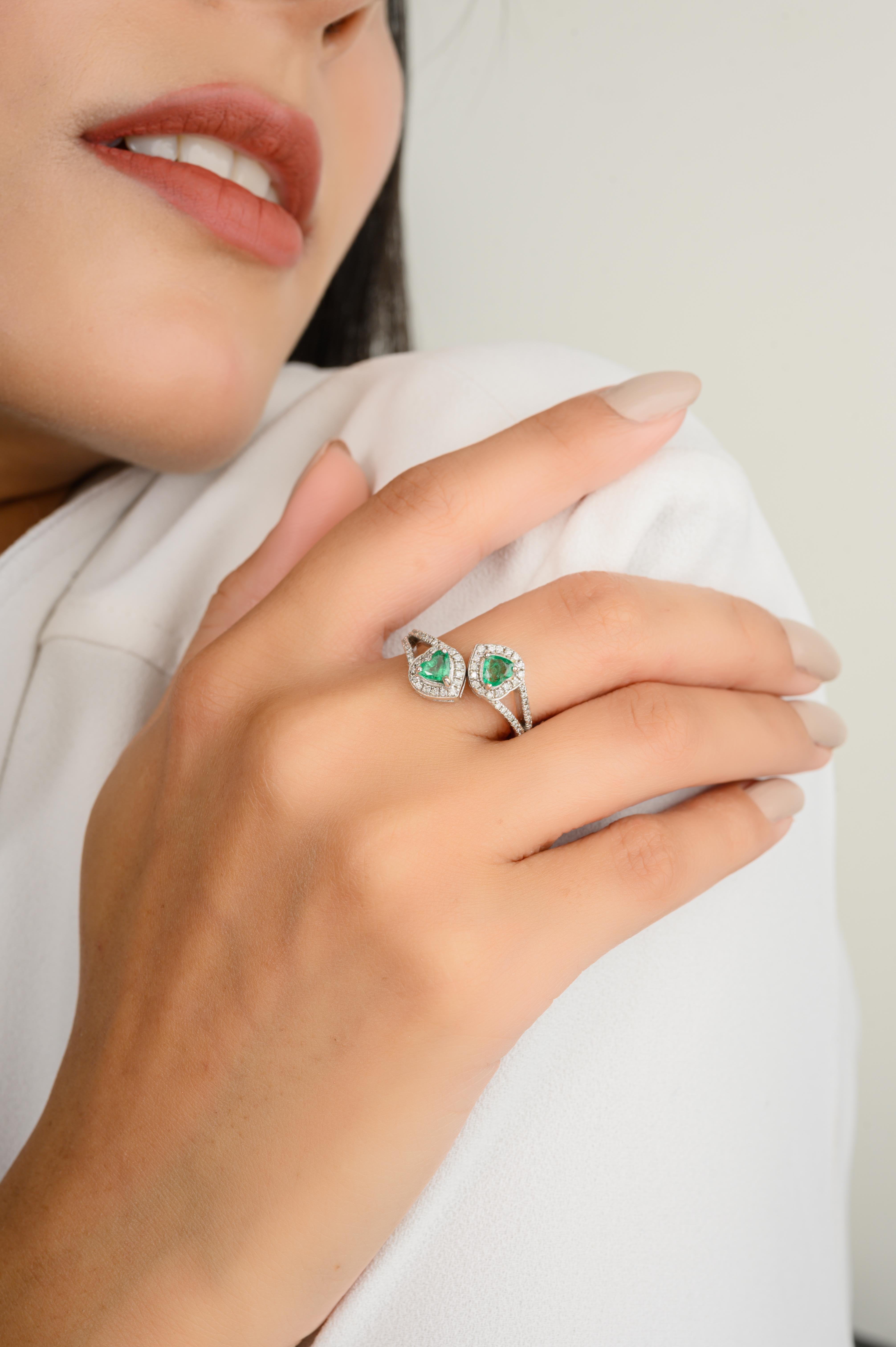 For Sale:  Heart Cut Emerald Diamond Halo By Pass Ring for Women in 18k Solid White Gold 6