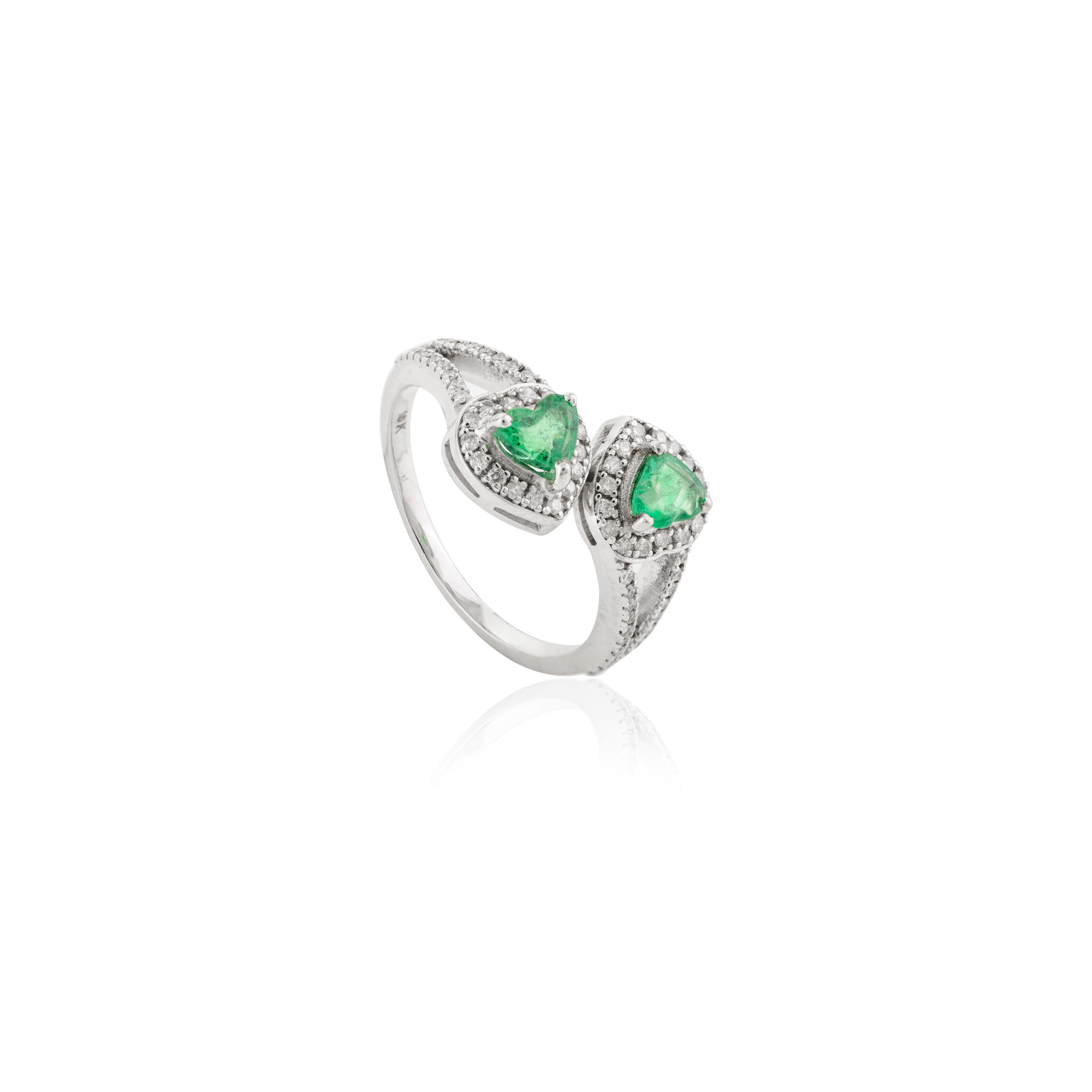 For Sale:  Heart Cut Emerald Diamond Halo By Pass Ring for Women in 18k Solid White Gold 7