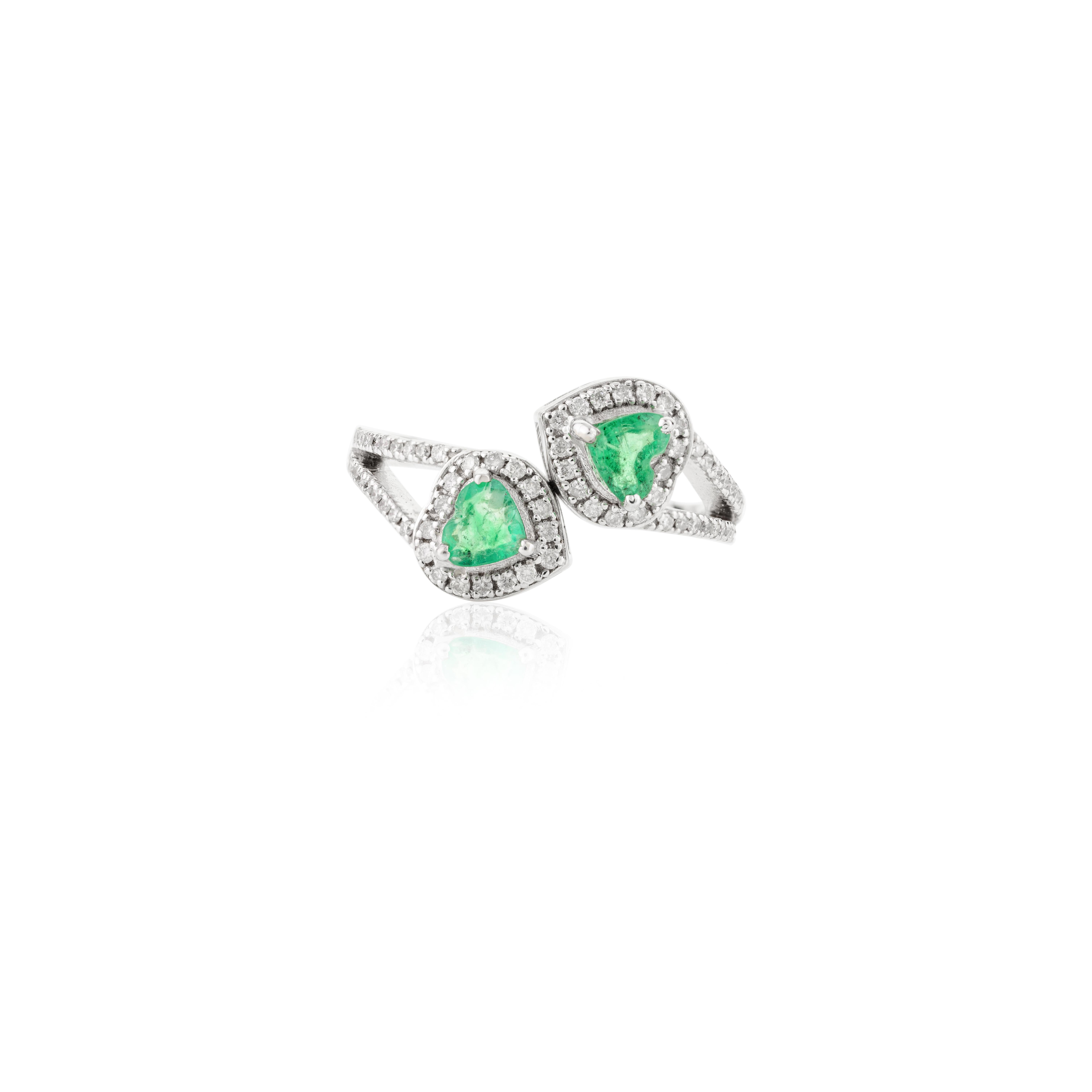 For Sale:  Heart Cut Emerald Diamond Halo By Pass Ring for Women in 18k Solid White Gold 8
