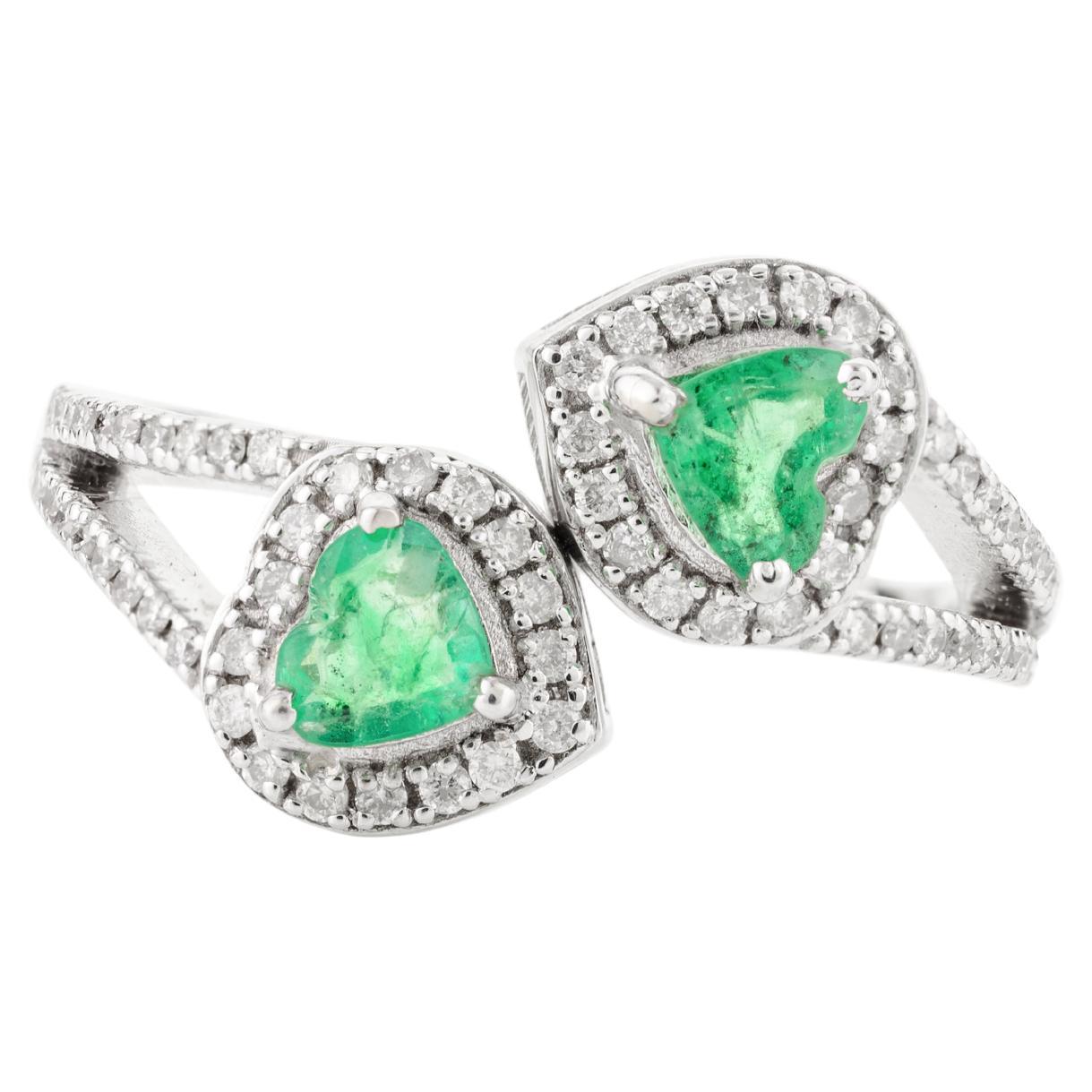 For Sale:  Heart Cut Emerald Diamond Halo By Pass Ring for Women in 18k Solid White Gold