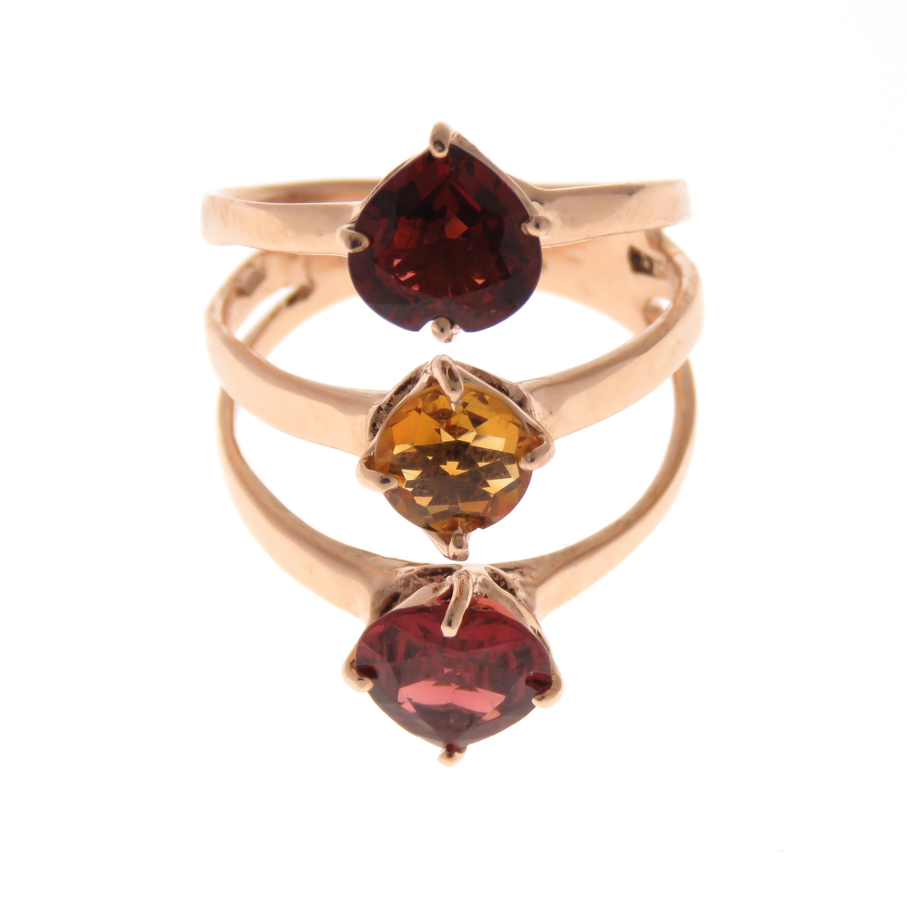 Heart Cut Garnet Rose Cut Citrine 9 Karat Rose Gold Ring Handcrafted in Italy In New Condition For Sale In Milano, IT