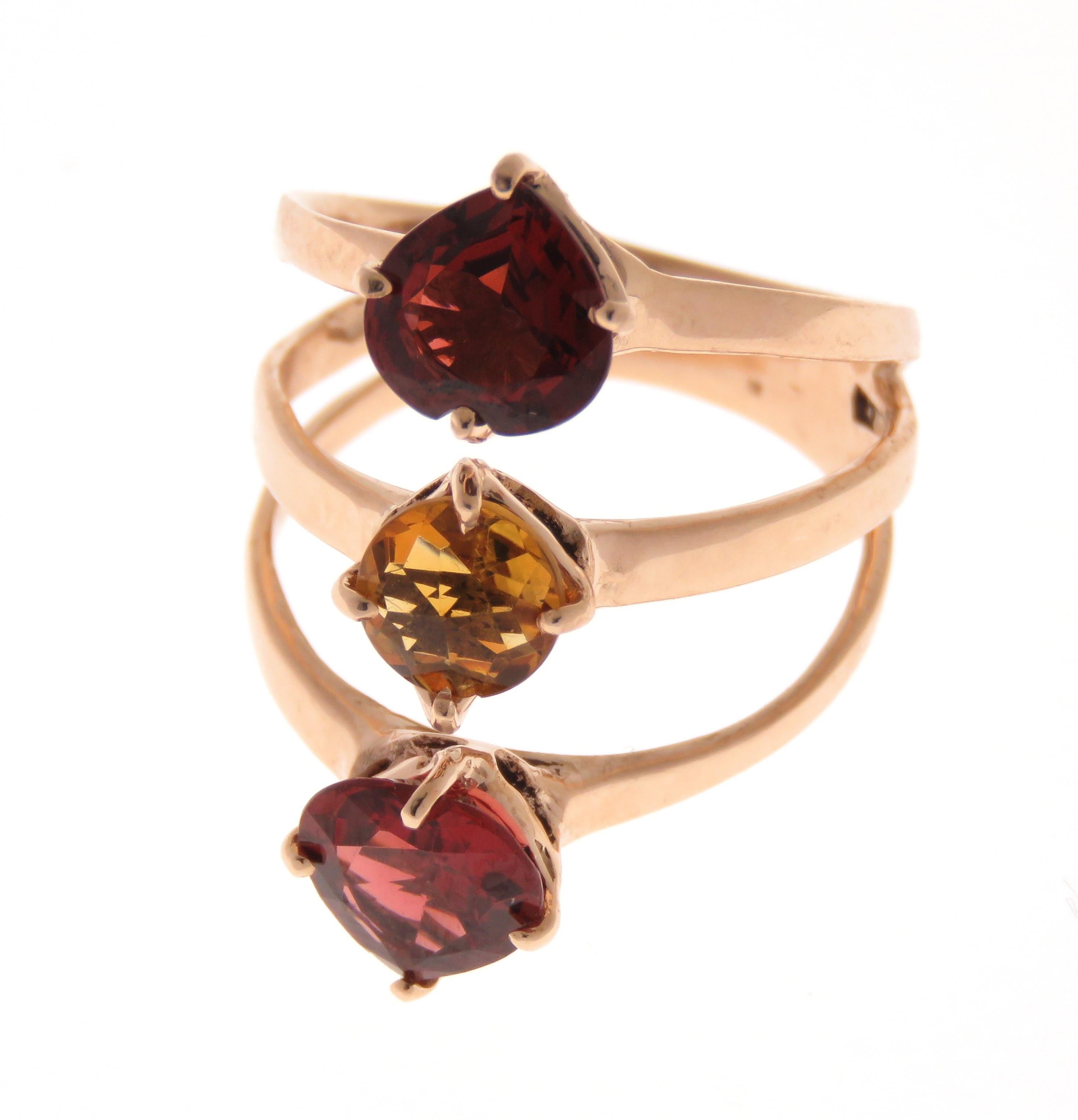 Heart Cut Garnet Rose Cut Citrine 9 Karat Rose Gold Ring Handcrafted in Italy For Sale 1