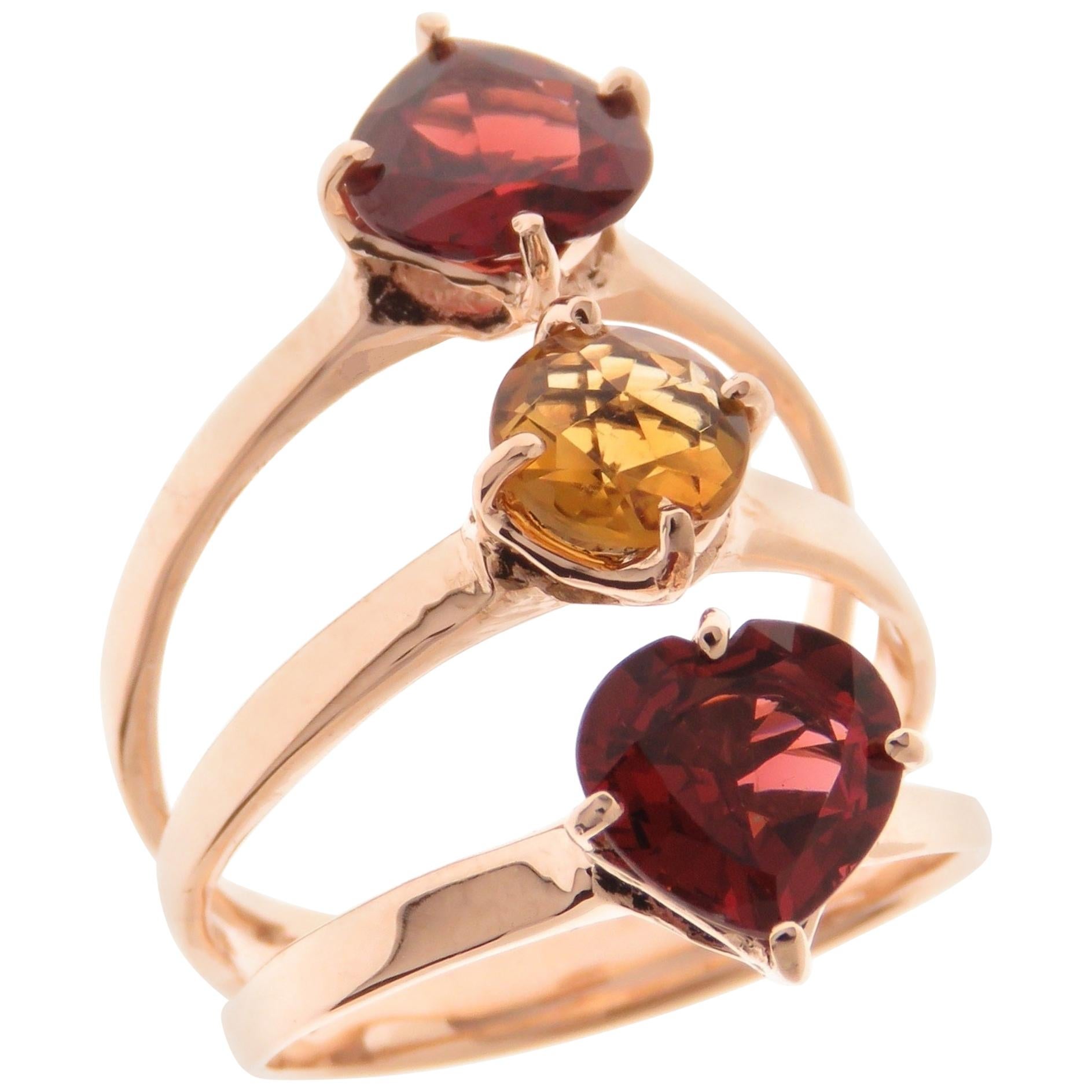 Heart Cut Garnet Rose Cut Citrine 9 Karat Rose Gold Ring Handcrafted in Italy For Sale