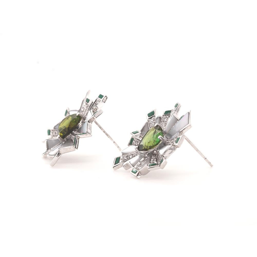 Contemporary Heart-Cut Green Tourmaline, Dia, Mother of Pearl and Malachite 18K Earrings For Sale
