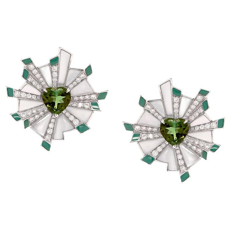 Heart-Cut Green Tourmaline, Dia, Mother of Pearl and Malachite 18K Earrings For Sale