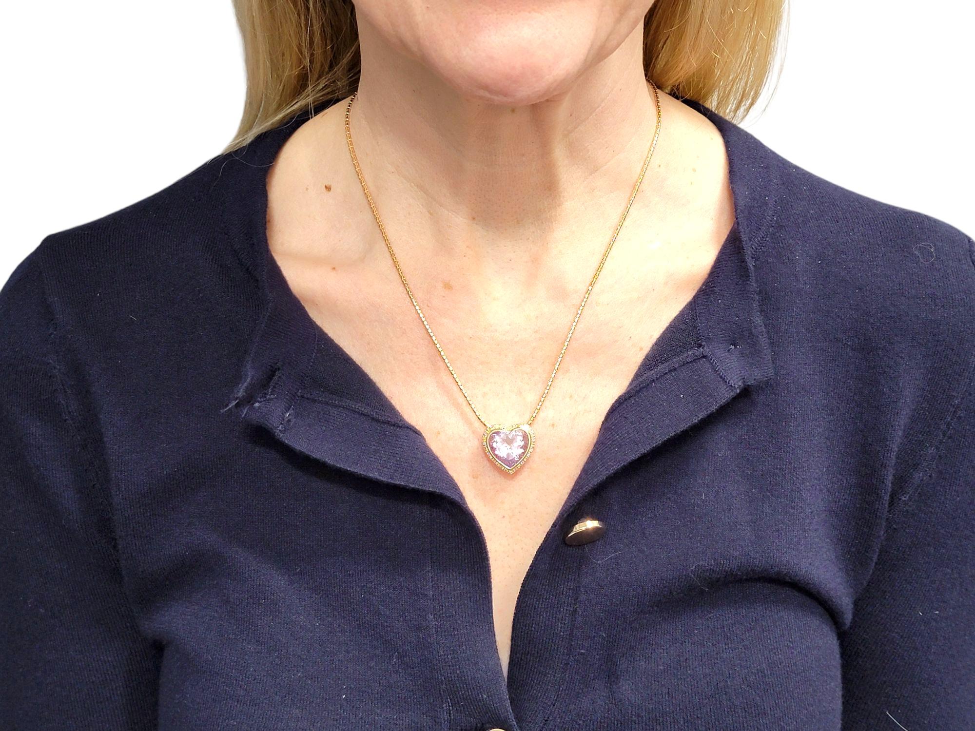 Heart Cut Morganite and Diamond Halo Pendant Necklace in 14 Karat Rose Gold For Sale 5