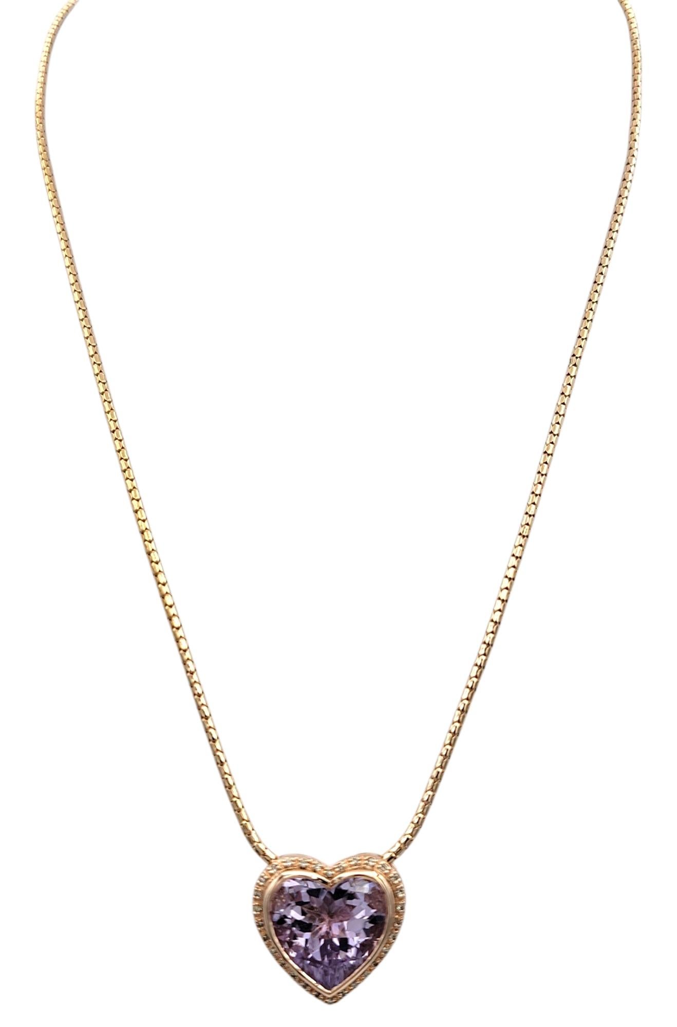 Contemporary Heart Cut Morganite and Diamond Halo Pendant Necklace in 14 Karat Rose Gold For Sale