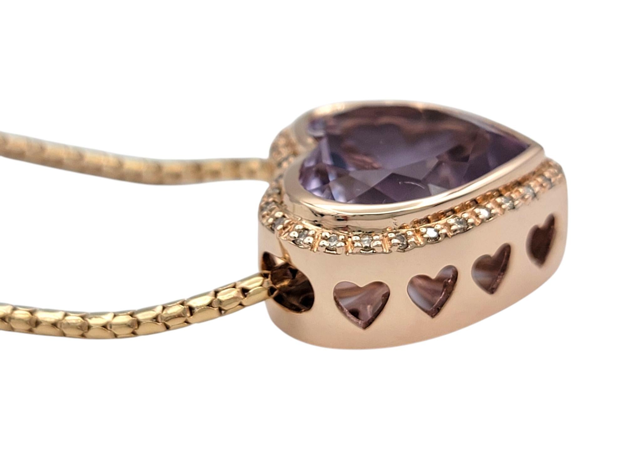 Heart Cut Morganite and Diamond Halo Pendant Necklace in 14 Karat Rose Gold In Good Condition For Sale In Scottsdale, AZ