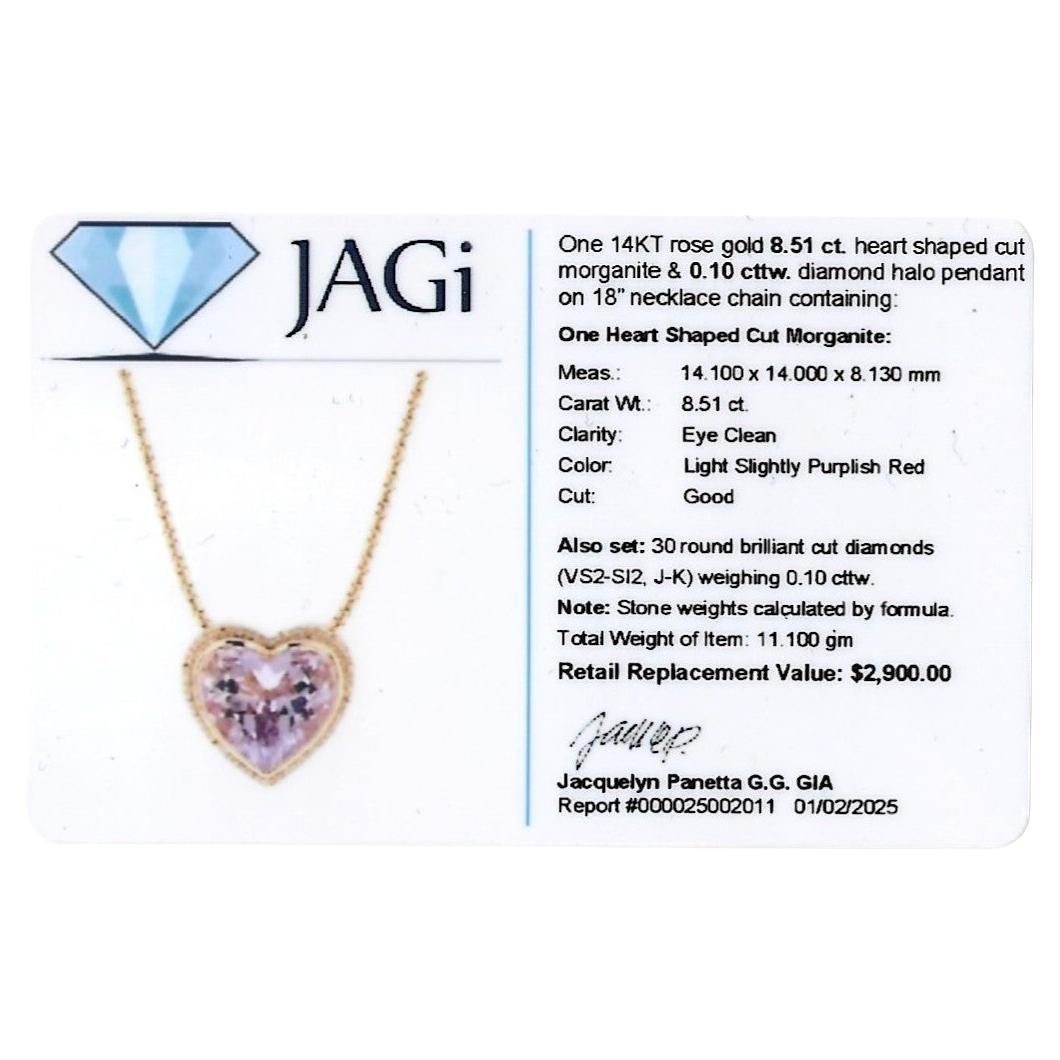 Heart Cut Morganite and Diamond Halo Pendant Necklace in 14 Karat Rose Gold For Sale 4