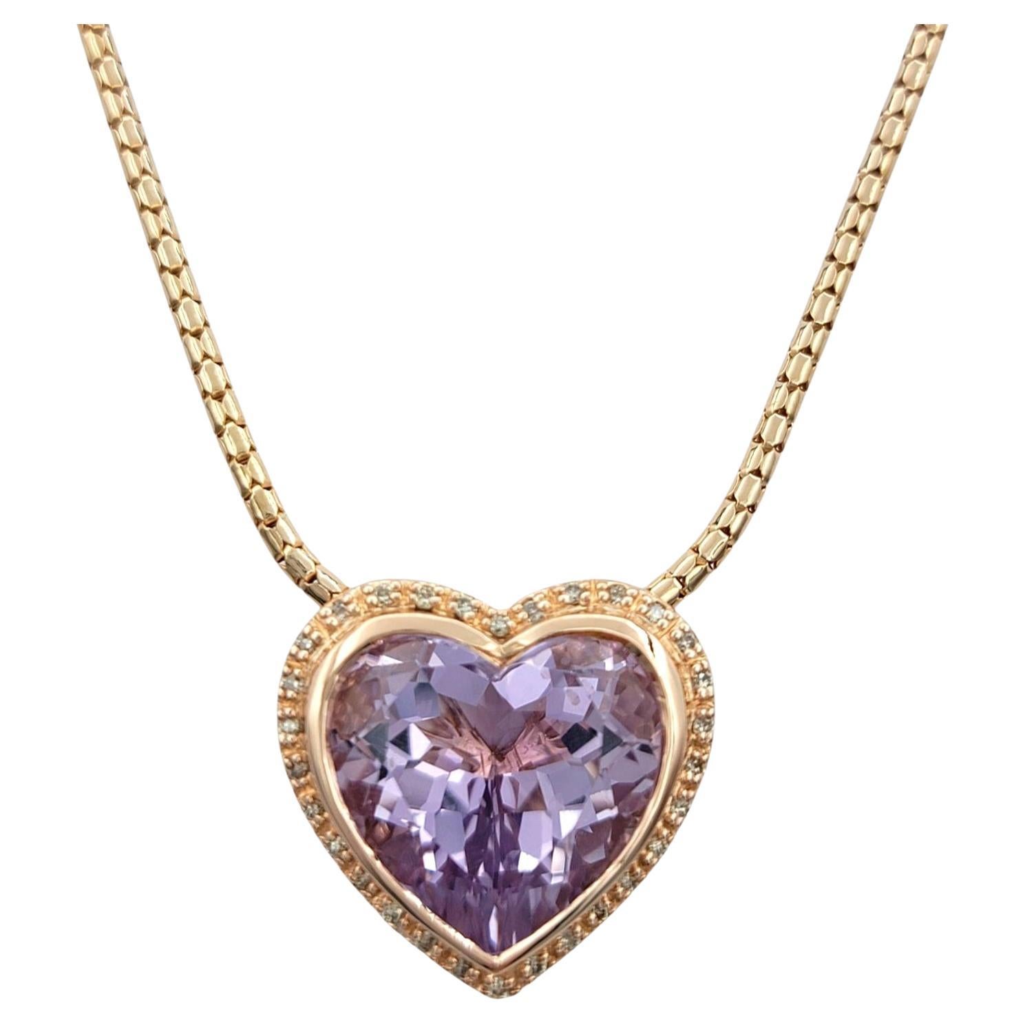 Heart Cut Morganite and Diamond Halo Pendant Necklace in 14 Karat Rose Gold