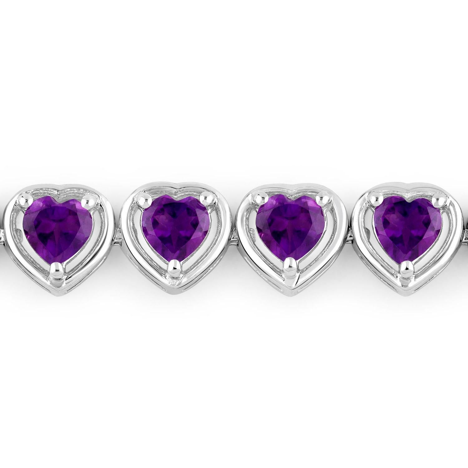 Contemporary Heart Cut Natural Amethyst Tennis Bracelet 9 Carats Sterling Silver For Sale