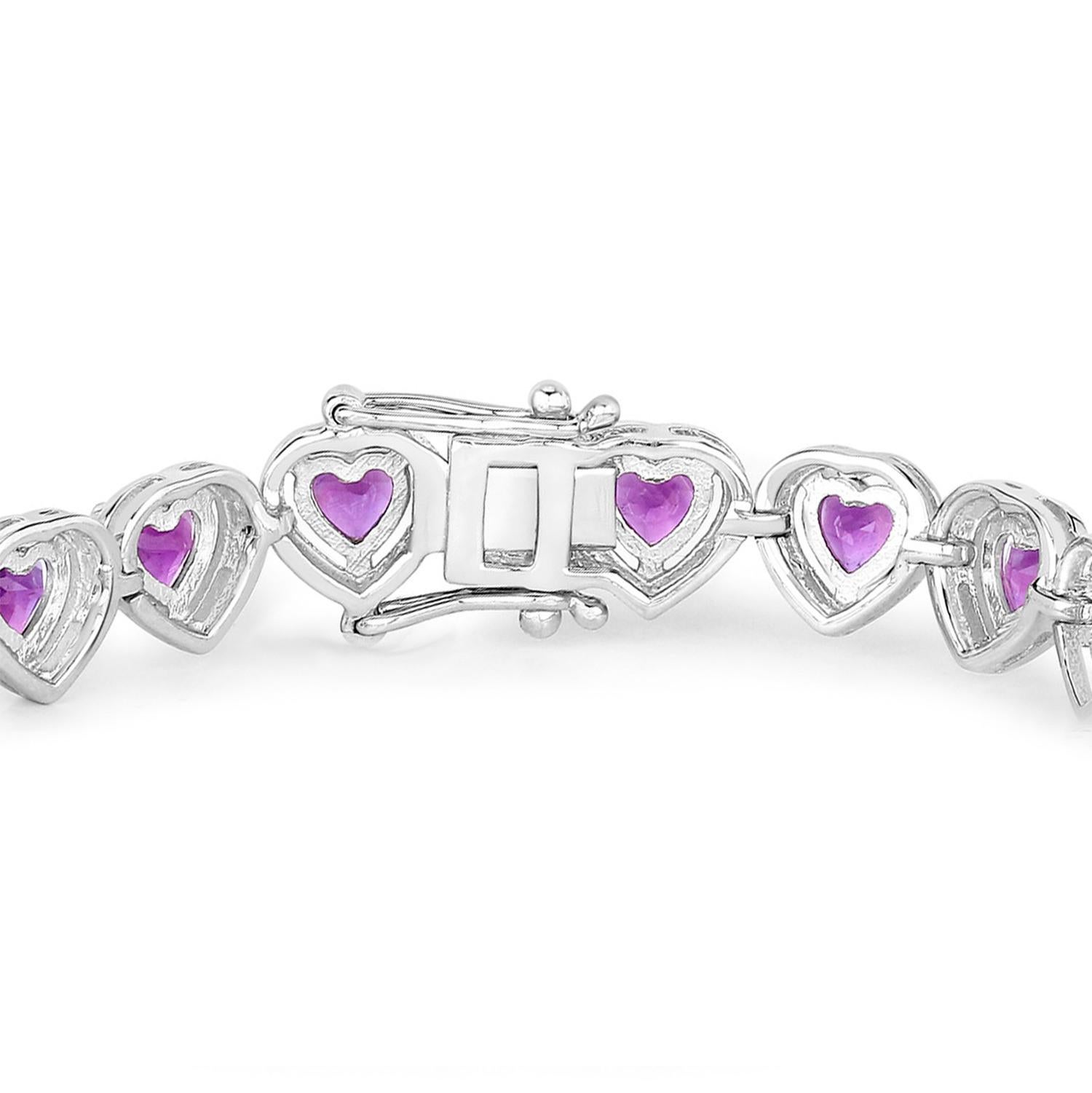 Heart Cut Natural Amethyst Tennis Bracelet 9 Carats Sterling Silver In Excellent Condition For Sale In Aliso Viejo, CA