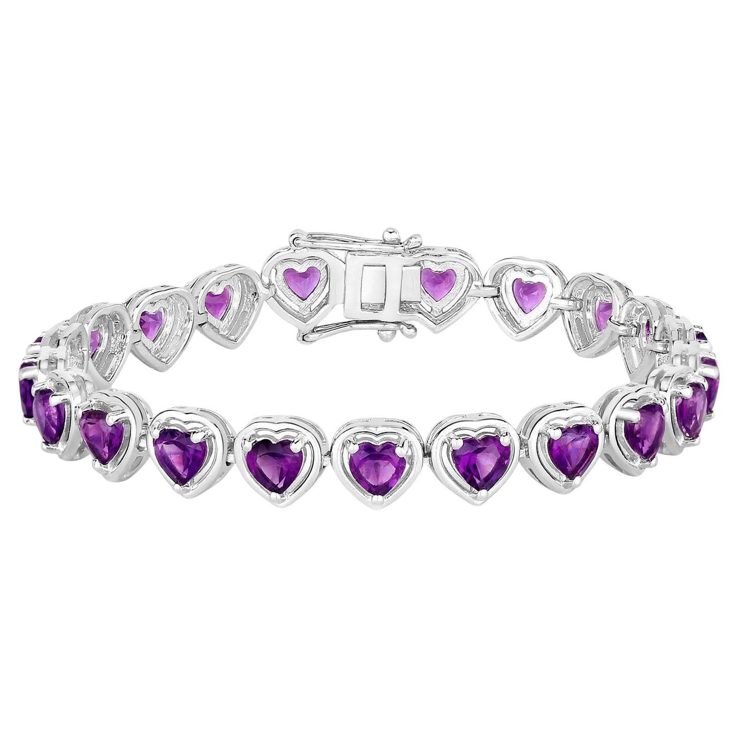 Heart Cut Natural Amethyst Tennis Bracelet 9 Carats Sterling Silver For Sale