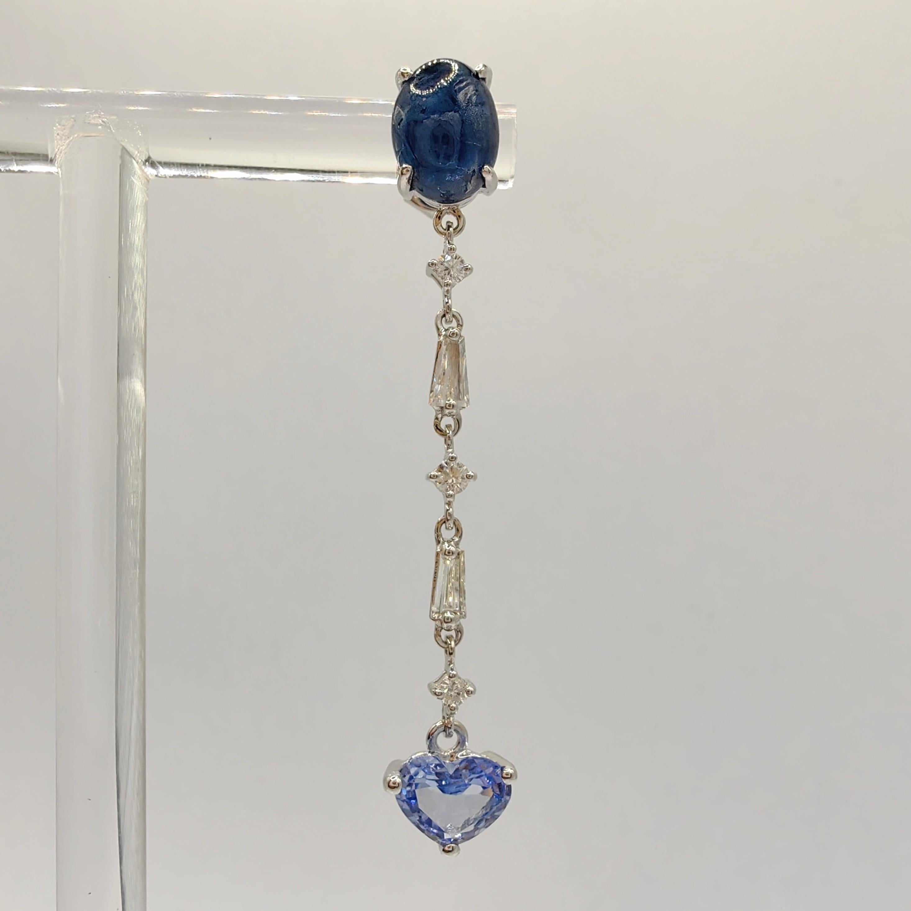 Contemporary Heart Cut Pastel Blue & Cabochon Blue Sapphire Diamond 18K Gold Dangling Earring For Sale
