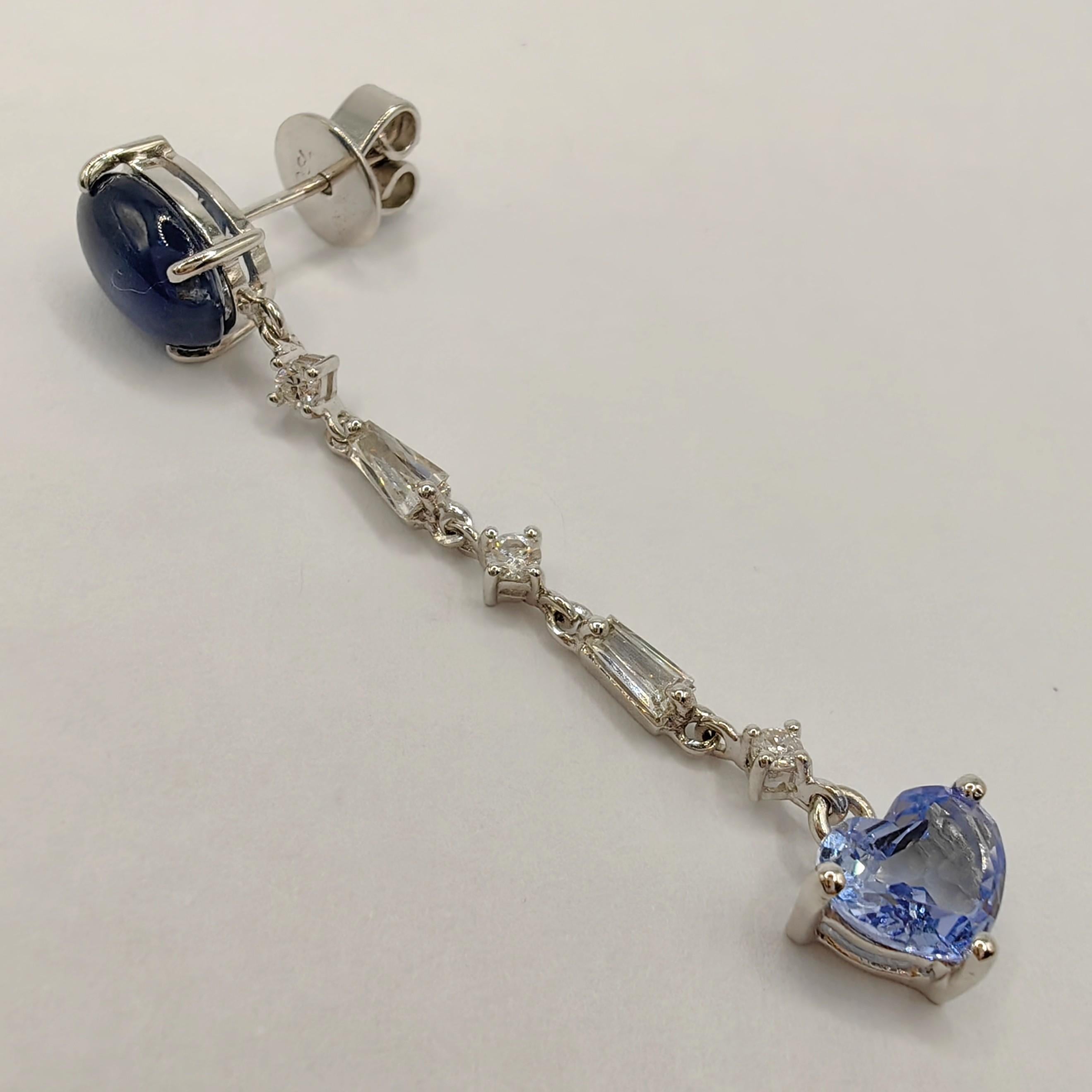 Women's or Men's Heart Cut Pastel Blue & Cabochon Blue Sapphire Diamond 18K Gold Dangling Earring For Sale