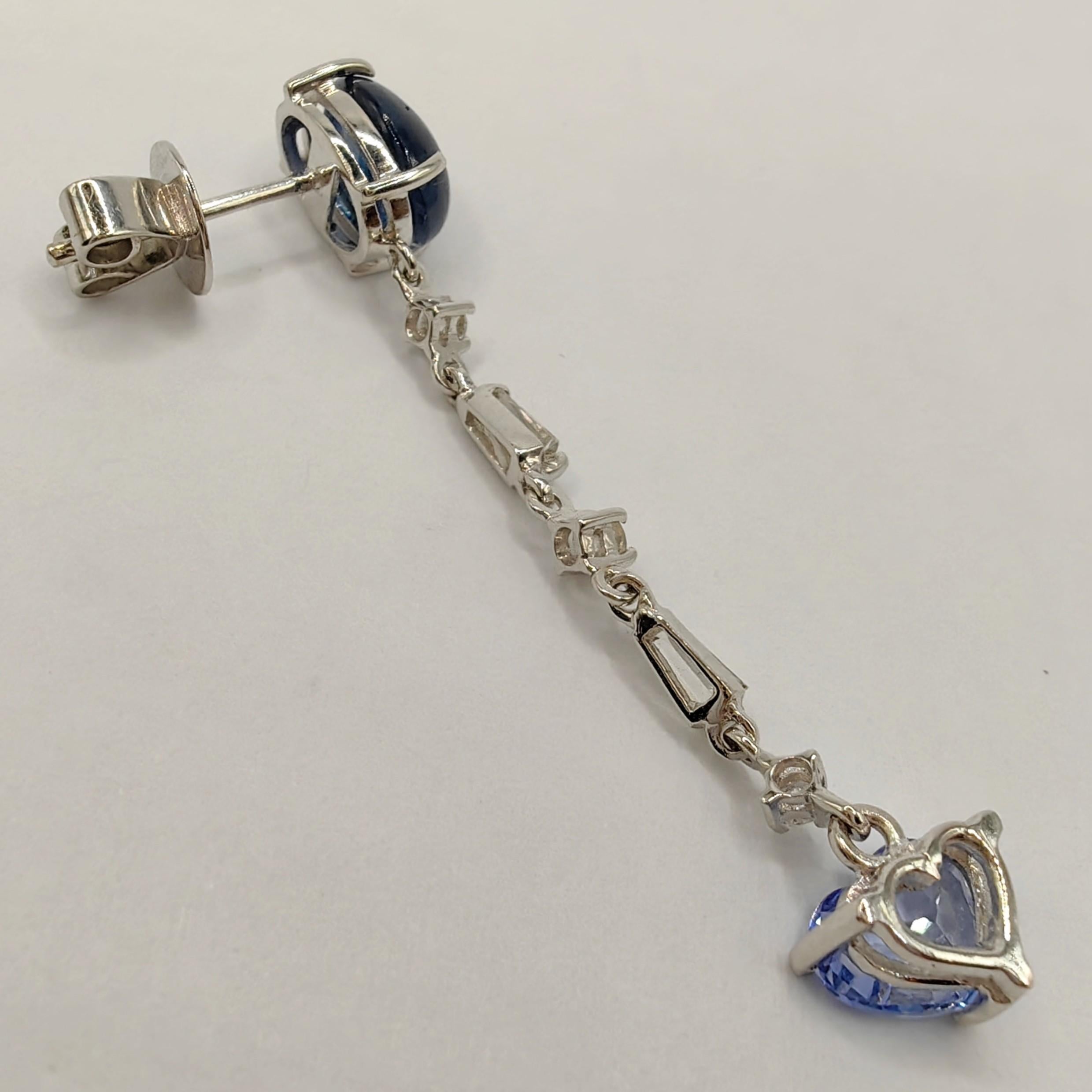 Heart Cut Pastel Blue & Cabochon Blue Sapphire Diamond 18K Gold Dangling Earring For Sale 1