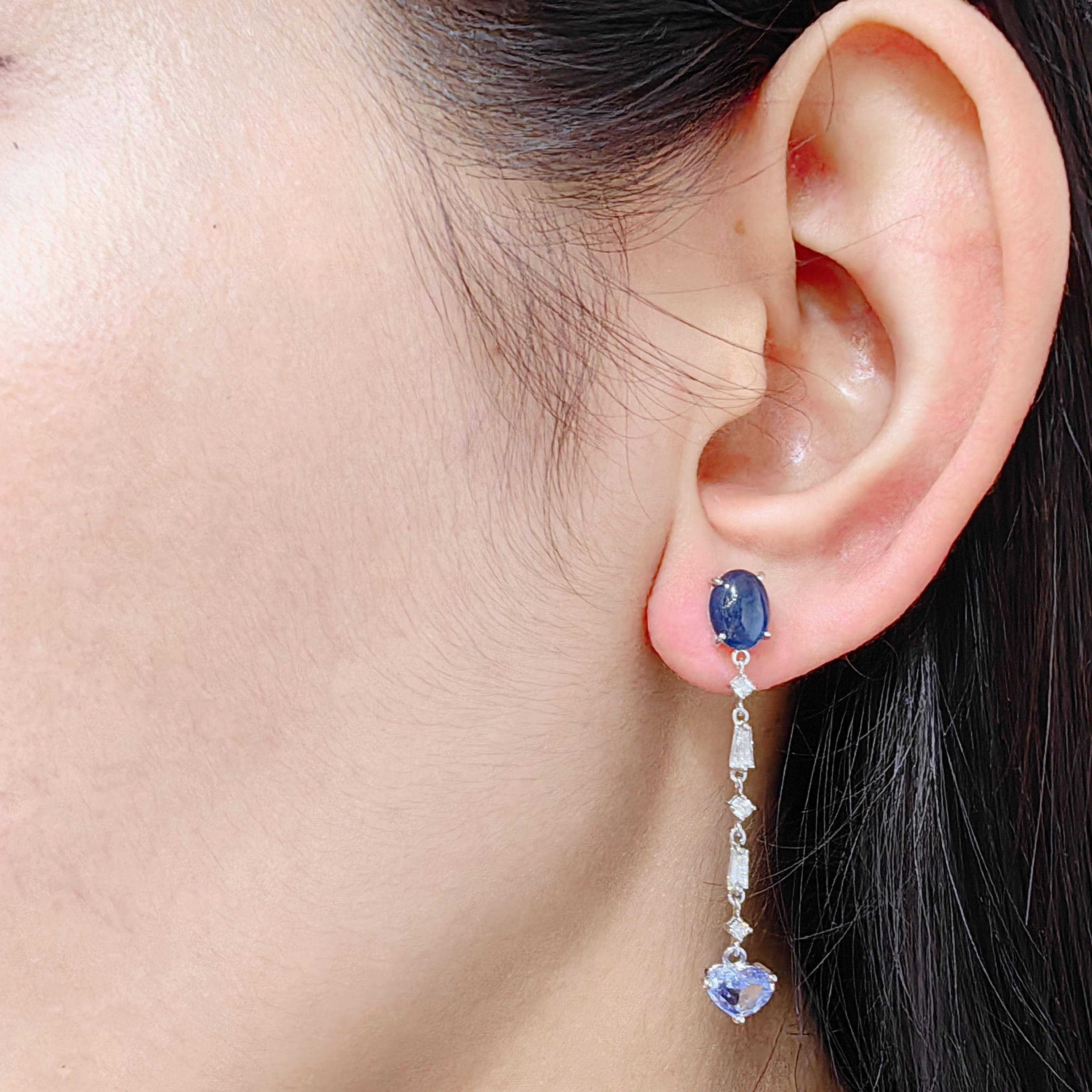 Heart Cut Pastel Blue & Cabochon Blue Sapphire Diamond 18K Gold Dangling Earring For Sale 2