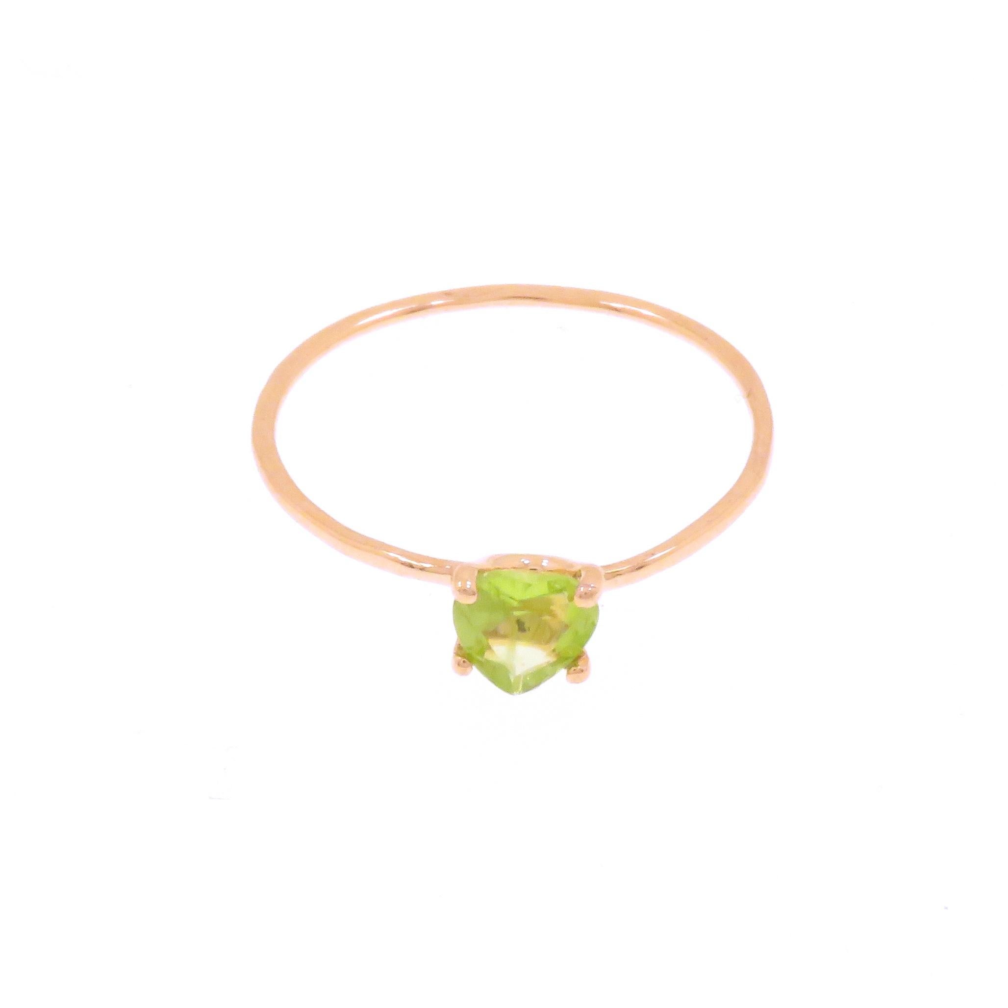 Stacking ring handmade in 9 carat rose gold with heart cut peridot, diameter 0.196 inches. 

Finger size: US size 6, Italian size 12, UK size M 1/2, French size 52. The ring can be re-sized to the customer's size before shipping. 
Total weight: 0.6