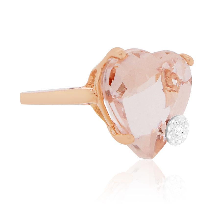 14K Rose Gold
1 Heart Shaped Pink Morganite at 9.45 Carats - 15 x 13.9 millimeters 
1 Round White Diamond at 0.01 Carats
Color: H-I
Clarity: SI

Alberto offers complimentary sizing on all rings.

Fine one-of-a-kind craftsmanship meets incredible