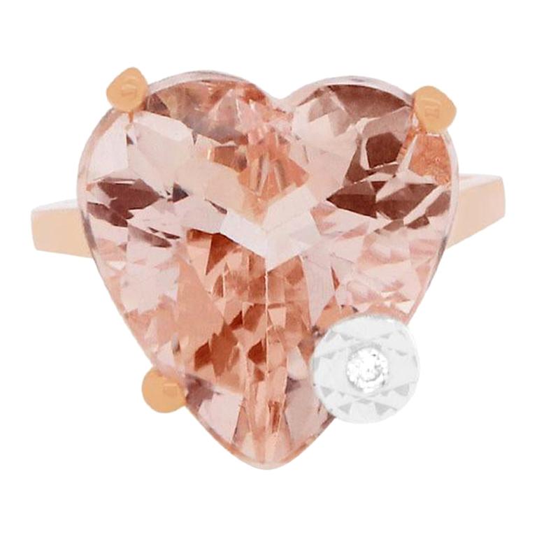 Heart Cut Pink Morganite 14 Karat Rose Gold White Diamond Fashion Ring