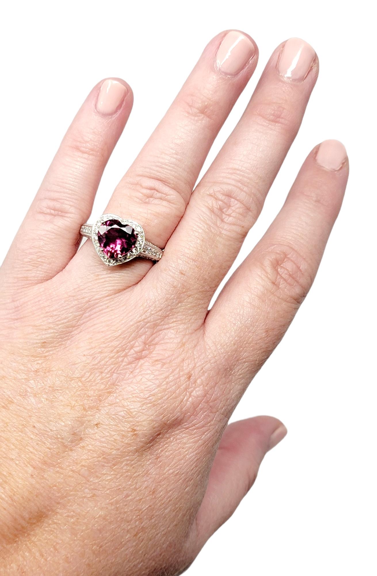 Heart Cut Pink Tourmaline and Diamond Halo Band Ring in 18 Karat White Gold For Sale 2